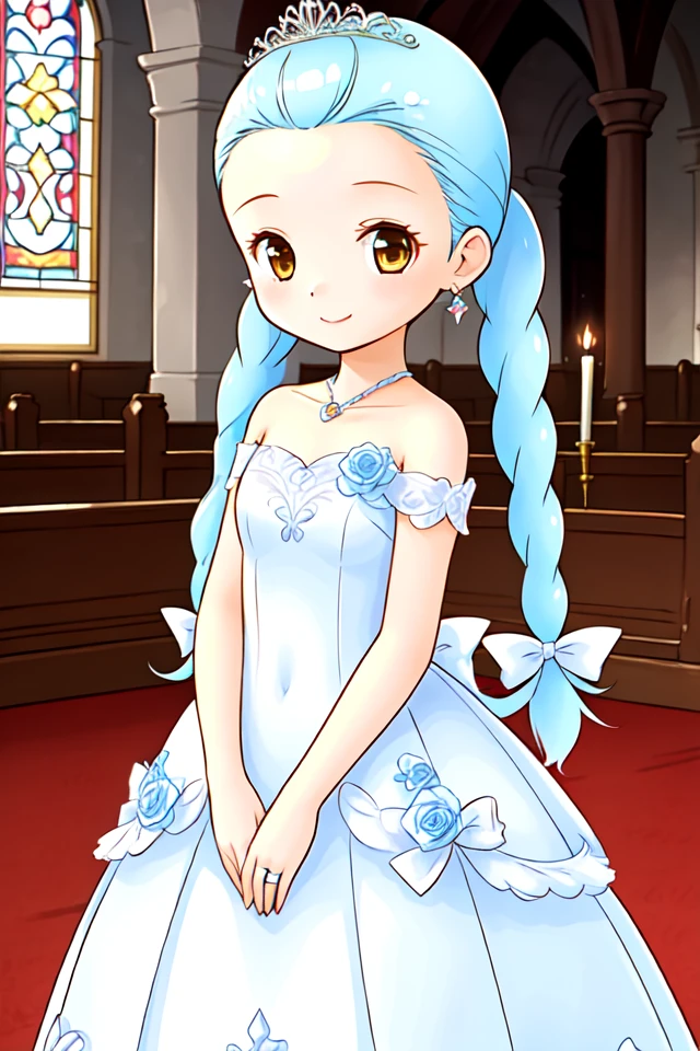 1 girl, indoors, church, standing, smile,
 <lora:Harvest_Moon_Hero_of_Leaf_Valley_-_Gina:0.6> holvgina, light blue hair, long hair, twintails, braid, hair bow, forehead, brown eyes,
tiara, wedding dress, sleevesless dress, bare shoulders, forehead, earrings,