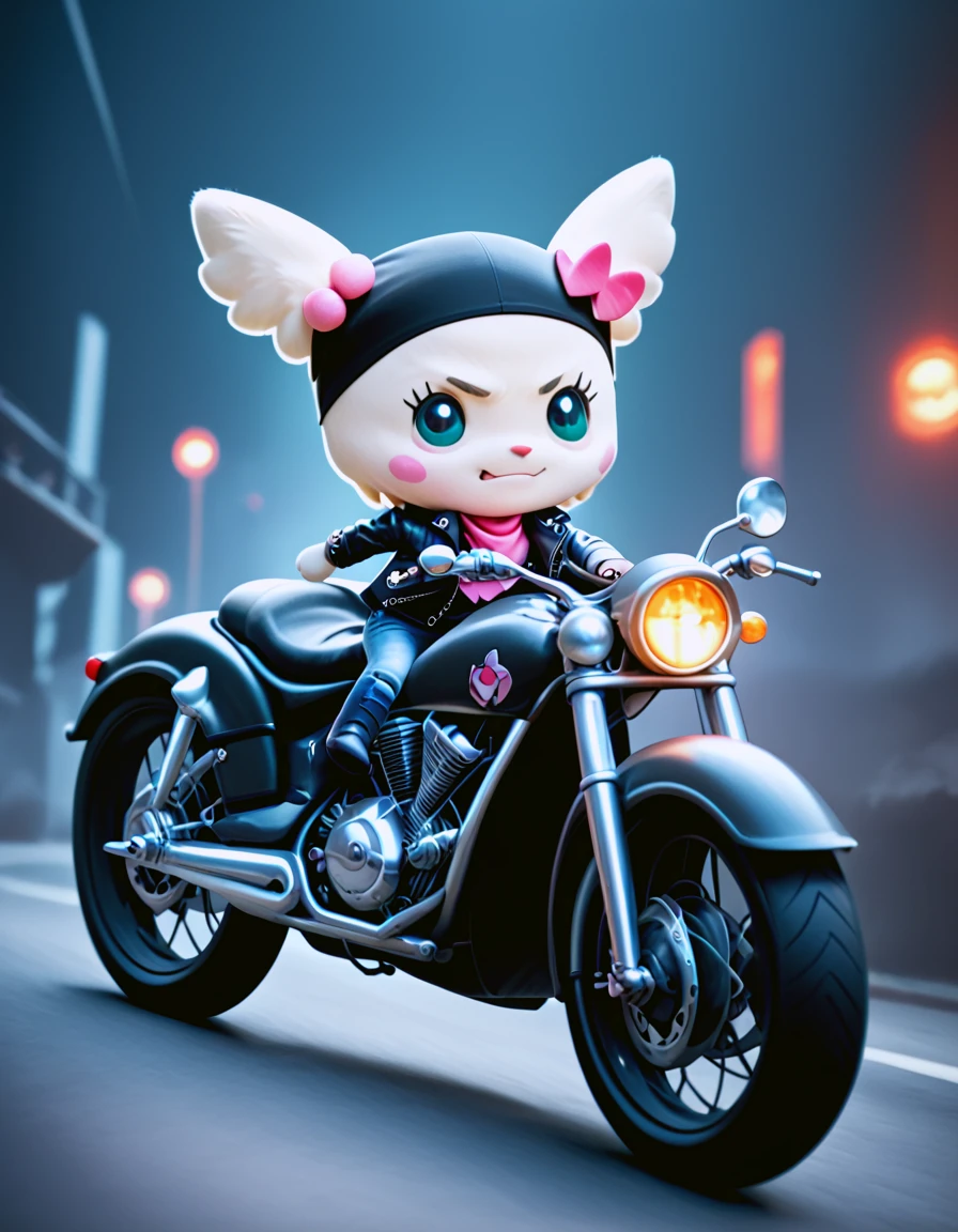 score_9, score_8_up, score_7_up, 
source_furry,sanrio,
l0vel1tchi, riding motorcycle, hell's angel, black bandana,
middle finger, rebel,
leather jacket, leather pants, black boots,
dynamic, motion blur,
 <lora:lovelitchi_r2:1>