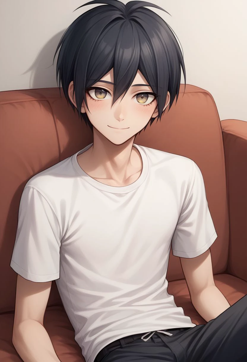 score_9, score_8_up, source_anime, highly detailed, 1boy, solo, skinny,
shuichi, 1boy, male focus, solo, black hair, upper body, short hair, pants, white shirt, smile, shy,
indoor, sofa, lying on sofa,