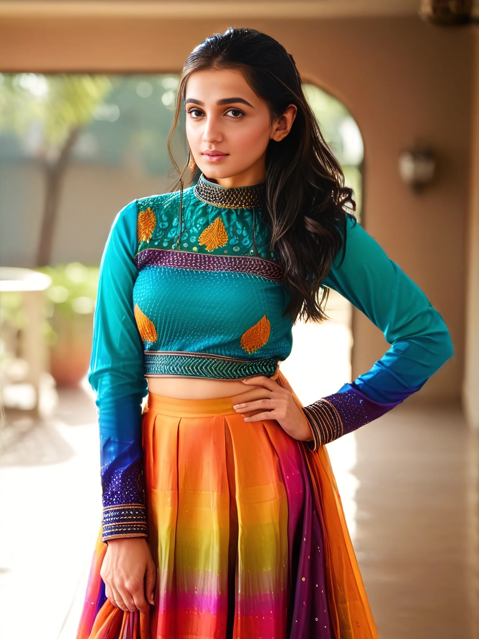 full body photo of a 30-year-old vedika pinto, colorful modest high neck Churidar Suit, looking at camera,day time at Office in bokeh  <lora:vdka_Vedika_Pinto_SDXL_LoRA_adafactor-step00002000:1>