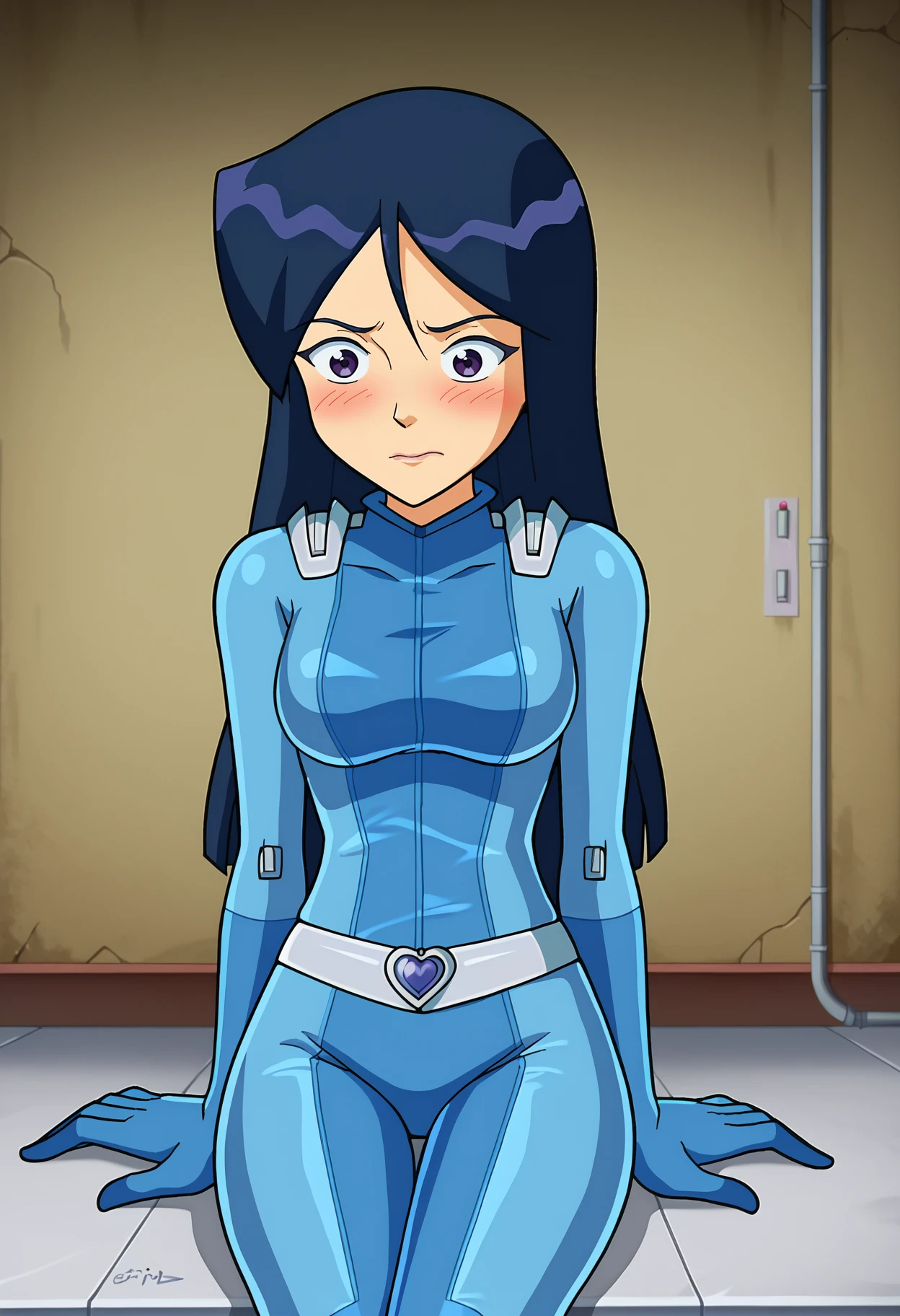 score_9, score_8_up, score_7_up, BREAK source_anime, 1girl, solo, britney \(totally spies\), long hair, blue hair, purple eyes, blue bodysuit, belt, embarrassed, sitting, infirmary <lora:hskc-britney-pony-v0.5:1>