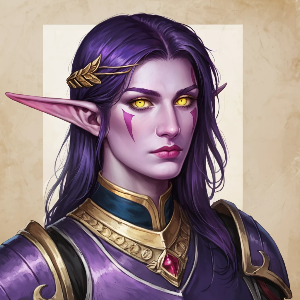 score_9, score_8_up, score_8, (masterpiece, best quality, highly detailed, realistic), source_western, illustration 2.5d, fantasy illustration,profile  portrait of jmorr as a night elf, long pointed ears,  long purple  hair, glowing yellow eyes, no pupil, colored sclera, purple skin, facial markings,  (((wearing silver and purple armor))), facing the viewer, close up
<lora:Jane_Morris_Pony:0.6>