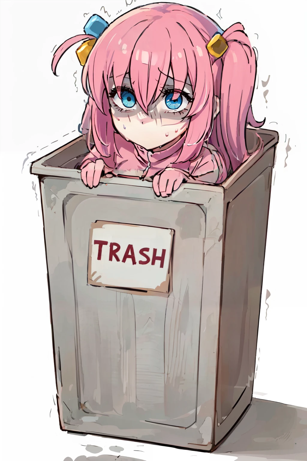 ((masterpiece,best quality)), <lora:Trash_Waifu:0.8>, Trash Waifu, 1girl, long hair, simple background, hair ornament, white background, hair between eyes, jacket, pink hair, sweat, chibi, one side up, trembling, shaded face, box, track jacket, @_@, pink jacket, cardboard box, gloom (expression), in box, cube hair ornament, gotou hitori, (red text, the word trash:1), <lora:gotou_hitori_v1:0.7>