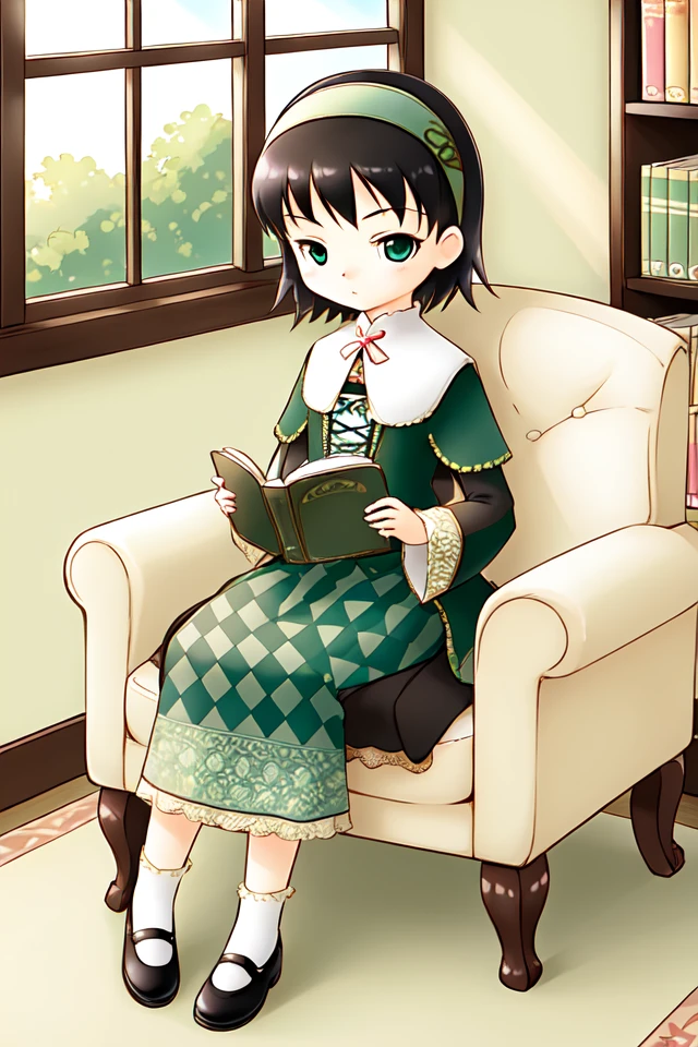 1 girl, indoors, sitting in chair, window, reading book, armchair,
 <lora:Harvest_Moon_Hero_of_Leaf_Valley_-_Dia:0.6> holvdia, black hair, short hair, green hairband, green eyes,
dress, long sleeves, green dress, black shoes, black skirt, long skirt,