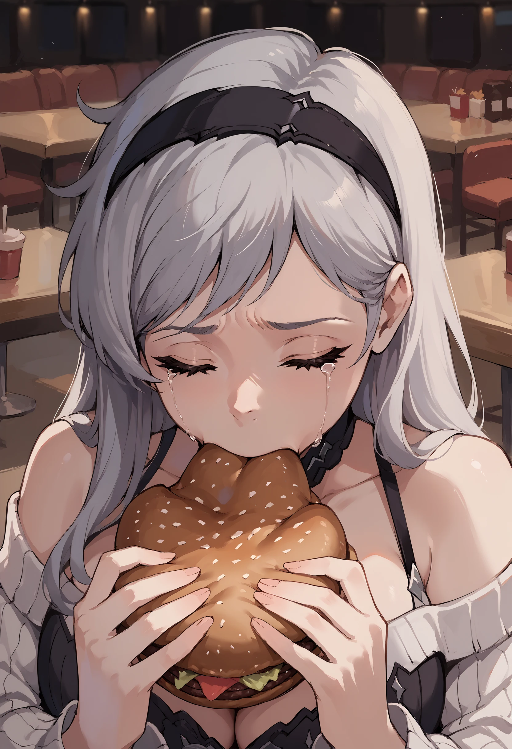 score_9, score_8_up, score_7_up, source_anime, <lora:fallenfreykr-ponyxl-beta4-10:0.9>, fallenFreyKR, long hair, grey hair, ribbed sweater, bare shoulders, restaurant, crying, closed eyes,  black hairband, skirt, <lora:jermawhopper-pdxl-nvwls-v1:1> jermaWhopper, eating, burger, looking at you, upper body, large breasts, cleavage,