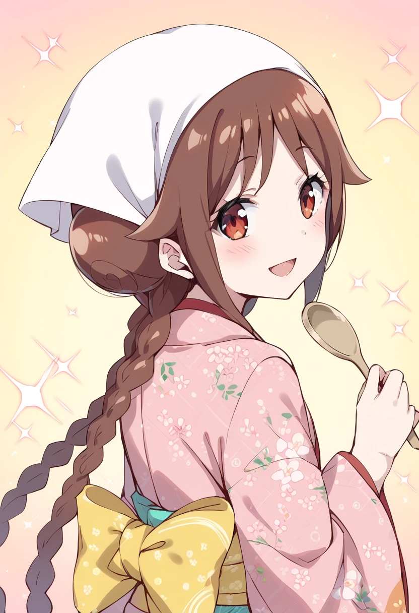 score_9, score_8_up, score_7_up, source_anime BREAK
tachibana yuzuki, 1girl, japanese clothes, brown hair, solo, open mouth, smile, looking at viewer, :d, looking back, holding, floral print, red eyes, pink kimono, head scarf, ladle, pink background, upper body, from behind, sash, sparkle, bangs, eyebrows visible through hair, shiny hair, shiny, print kimono, obi, tasuki, brown eyes, twin braids, very long hair, floating hair, back bow, eyelashes, braided ponytail, standing, happy, tenugui, yellow bow, gradient background, wooden spoon, orange background, blush, holding ladle, pink flower, sparkle background, unmoving pattern, looking to the side, twintails, wide sleeves, long sleeves, sidelocks, hair ornament, multicolored background, hand up, ribbon, pink rose, cherry blossom print, double bun, pale skin, anime coloring
<lora:tachibana_yuzuki_sdxl_locon_pony_v1:0.7>