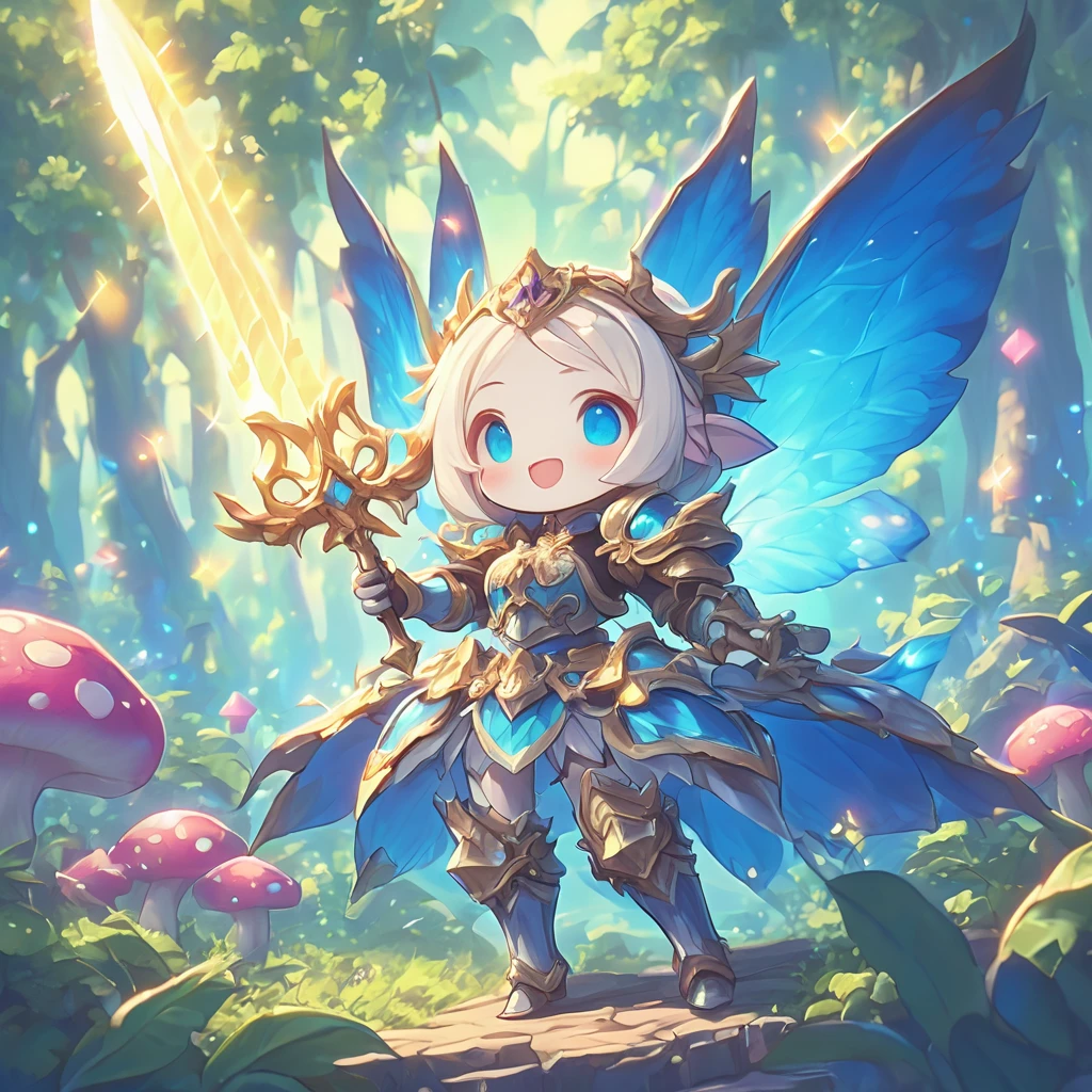 a super cute female chibi knight fairy, beautiful fairy wings, colorful, wearing armor, wielding a glowing sword, magical forest in background, mushrooms, HD, masterpiece, best quality, hyper detailed, ultra detailed, super realistic