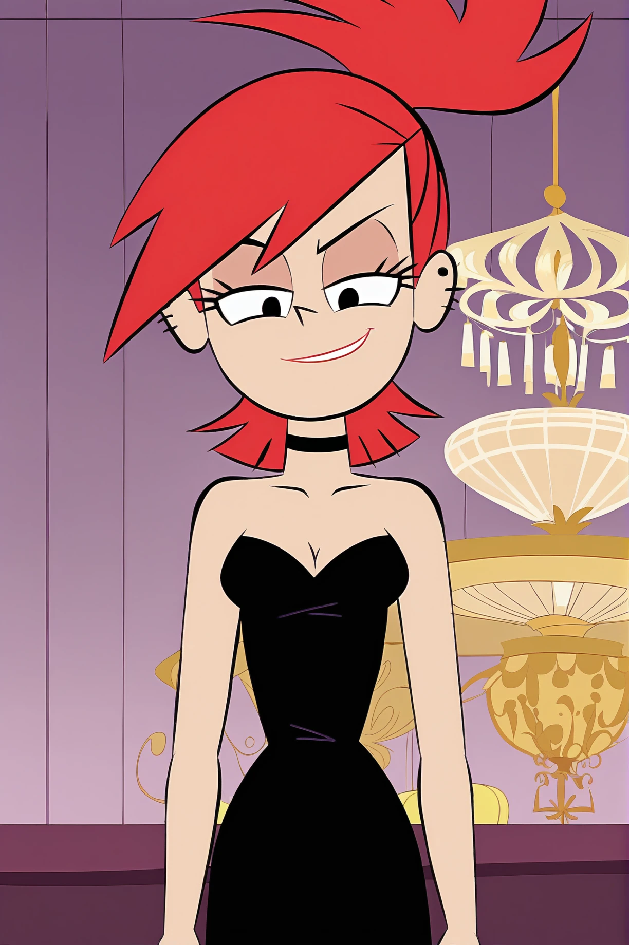 FrankieFoster, solo, expensive bedroom, chandelier, black fancy clothes , smug, smirk, beautiful, from below, collarbone , head tilt, <lora:FrankieFosterCartoonXL-10:0.8>