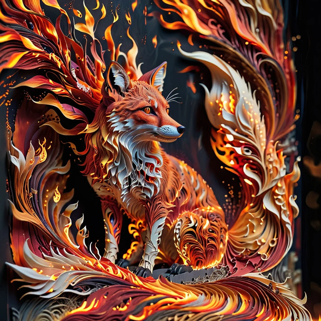 Pictorial aesthetics, artistic research, generate an image of a spectacular fox composed of vibrant, swirling flames in fiery shades of orange and red, against a velvety dark background. The fox exudes a dynamic sense of movement, its lithe body and mane made of mesmerizing undulating flame lines that convey a sense of strength and vitality. Intricate details of the fox's facial features meticulously captured, highlighting the intensity and intelligence in its fiery gaze. The overall composition combines power and artistry, showcasing the essence of the fox embodied by the flames, emphasizing the fluidity and energy of the blazing hell. Intricate details, highly detailed, realistic, full of fantasy, fantasy world, vivid colors, 4K resolution, ultra-high quality, dreamlike scenes, artistic, imaginative
,<lora:é²åä¸æ´¾@æçº¸èºæ¯SDXL:1>Origami art