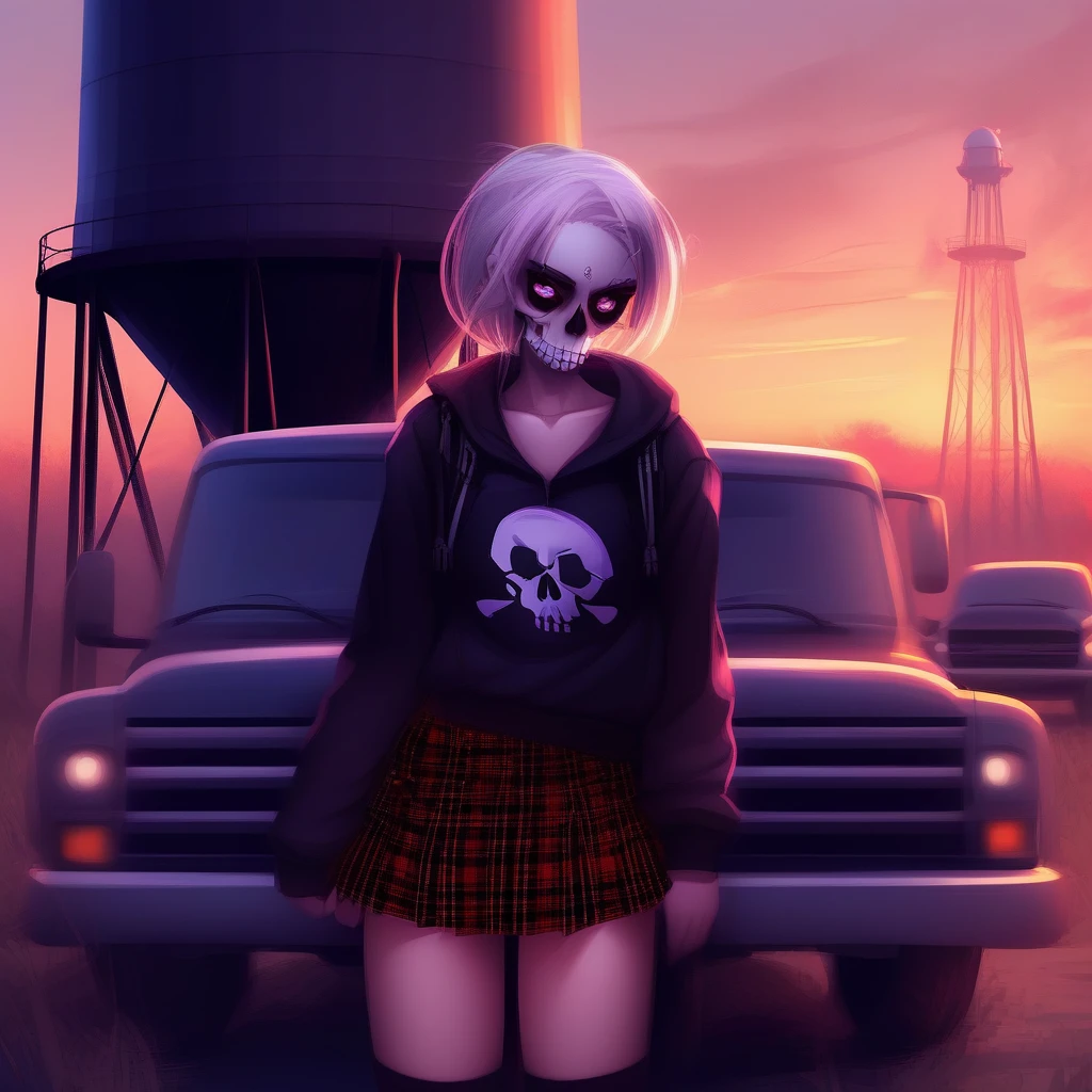 plaid skirt, skull hair ornament, water tower, can, school girl skirt, outdoors, on back, sleeping, black shirt, hoodie, jacket, firing, truck, vehicle focus, medium breasts, glass, gun, black sclera