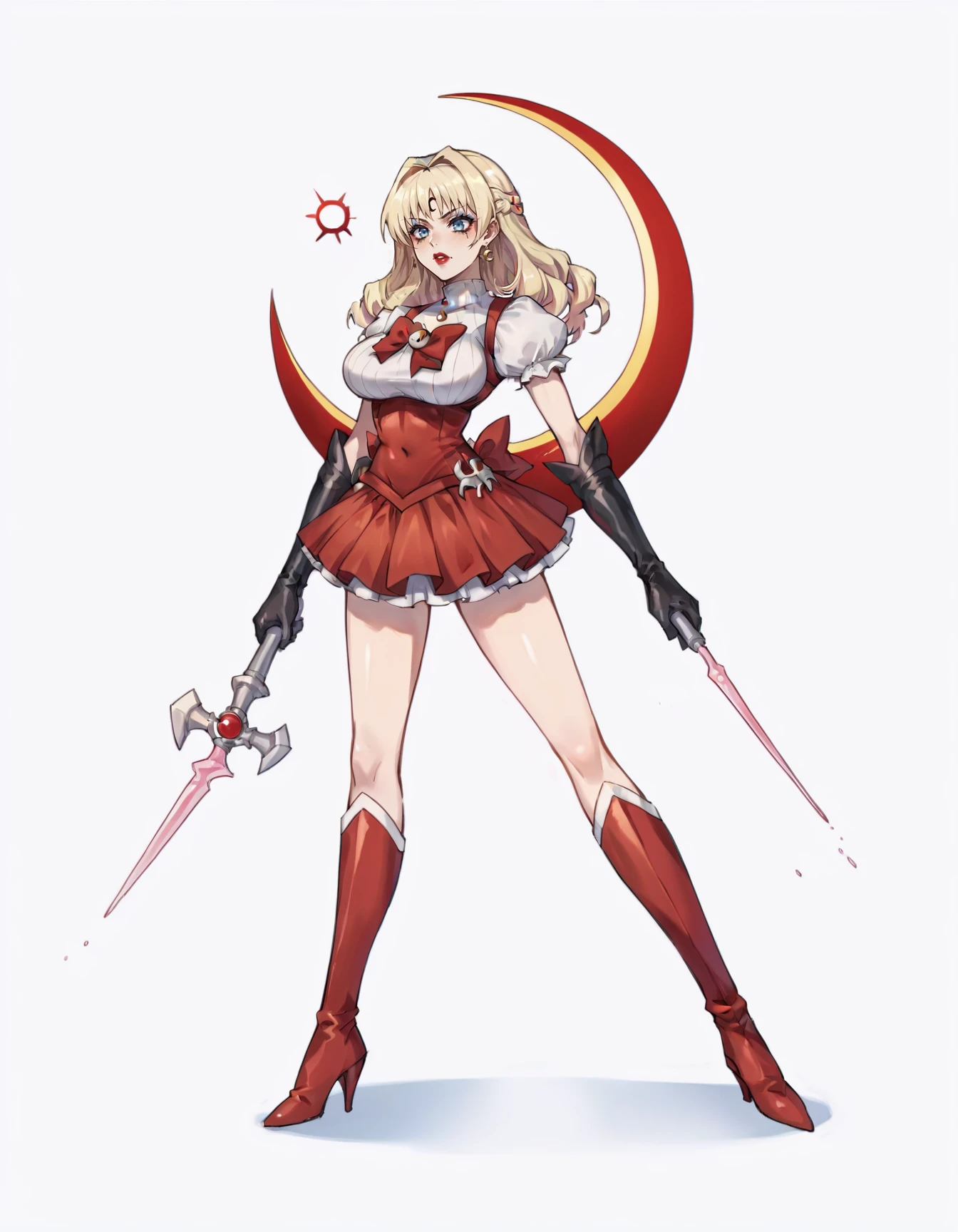 score_9, score_8_up, score_7_up, score_6_up, score_5_up, score_4_up, BREAK source_anime, <lora:UOScarlet:0.6>, UOScarlet, large breasts, high heel boots, <lora:EvlSM:0.65>, EvlSM, long legs, crescent, crescent facial mark, makeup, lipstick, mascara, eyeshadow, magical girl