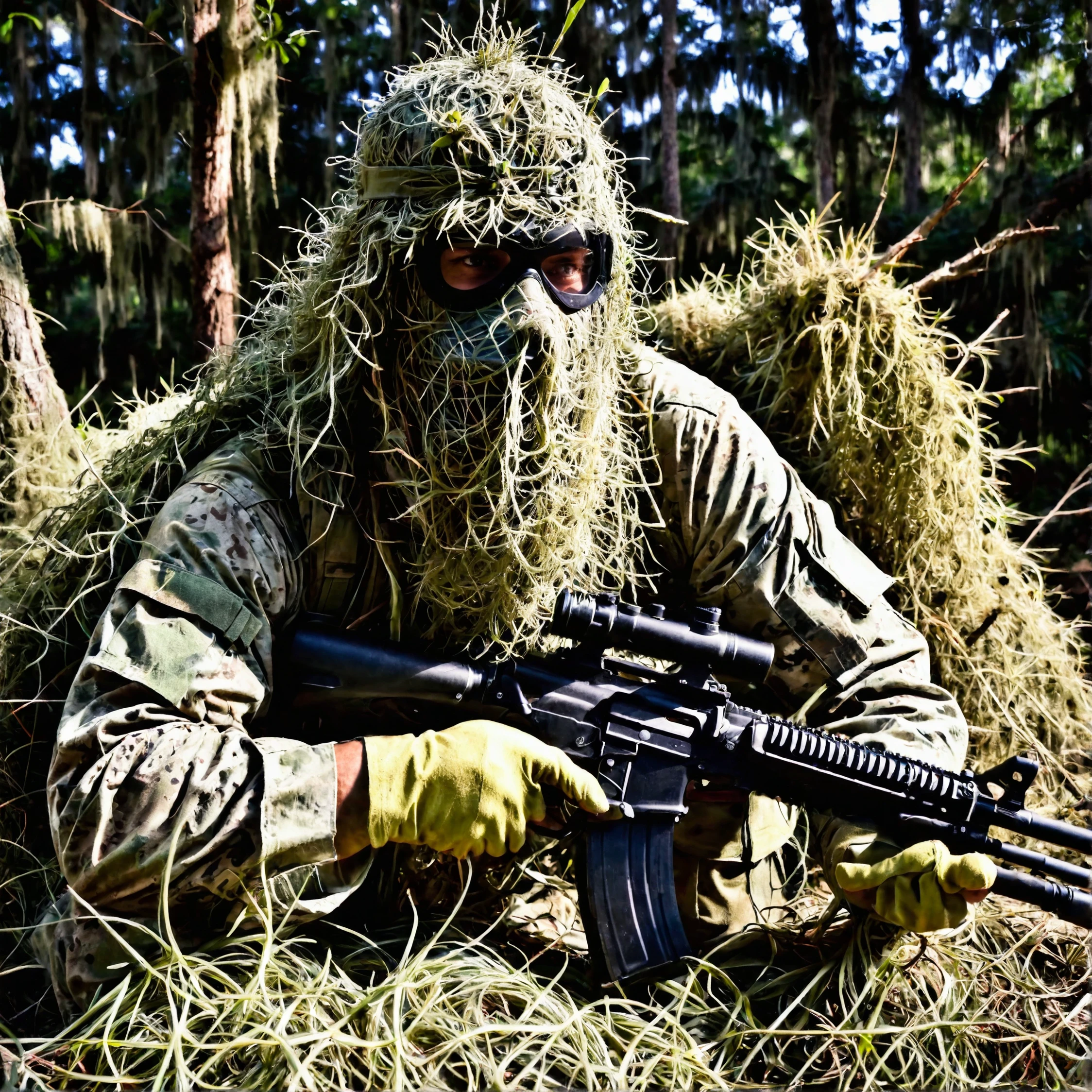 <lora:spanish_moss:0.7>, (ghillie suit:1.4), ballistic face mask,soldier wearing a ghillie suit, holding a rifle, covered in spanish moss, laying prone, prone shooting position, soft lighting, highly detailed masterpiece,