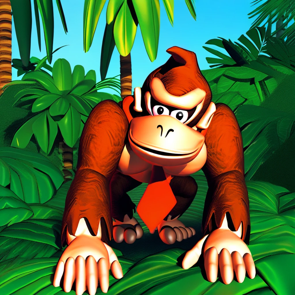 Donkey kong, tall, giant body, very masculine, buff body, very muscular, strong arms and legs, wide shoulder, Big pectorals, big balls, big cock, standing, cocky, smirking, showing off muscles, jungle