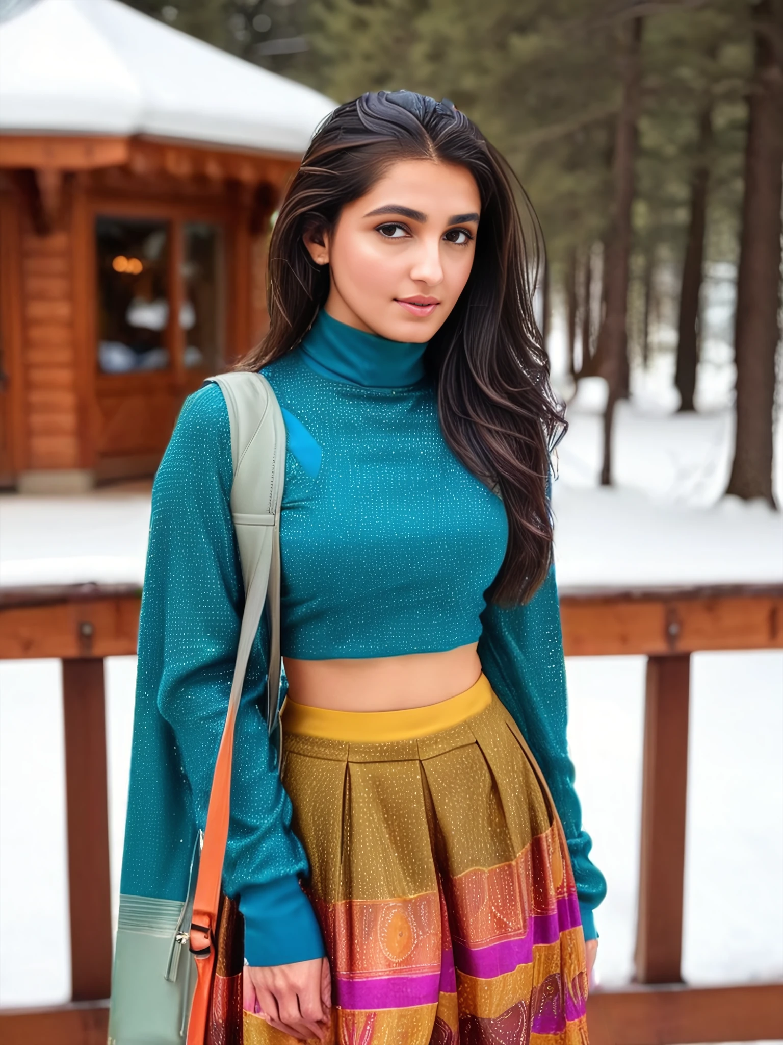 full body photo of a 30-year-old vedika pinto, colorful modest high neck western wear, looking at camera, film grain, day time at Ski Resort in bokeh  <lora:vdka_Vedika_Pinto_SDXL_LoRA_adafactor-step00002000:1>