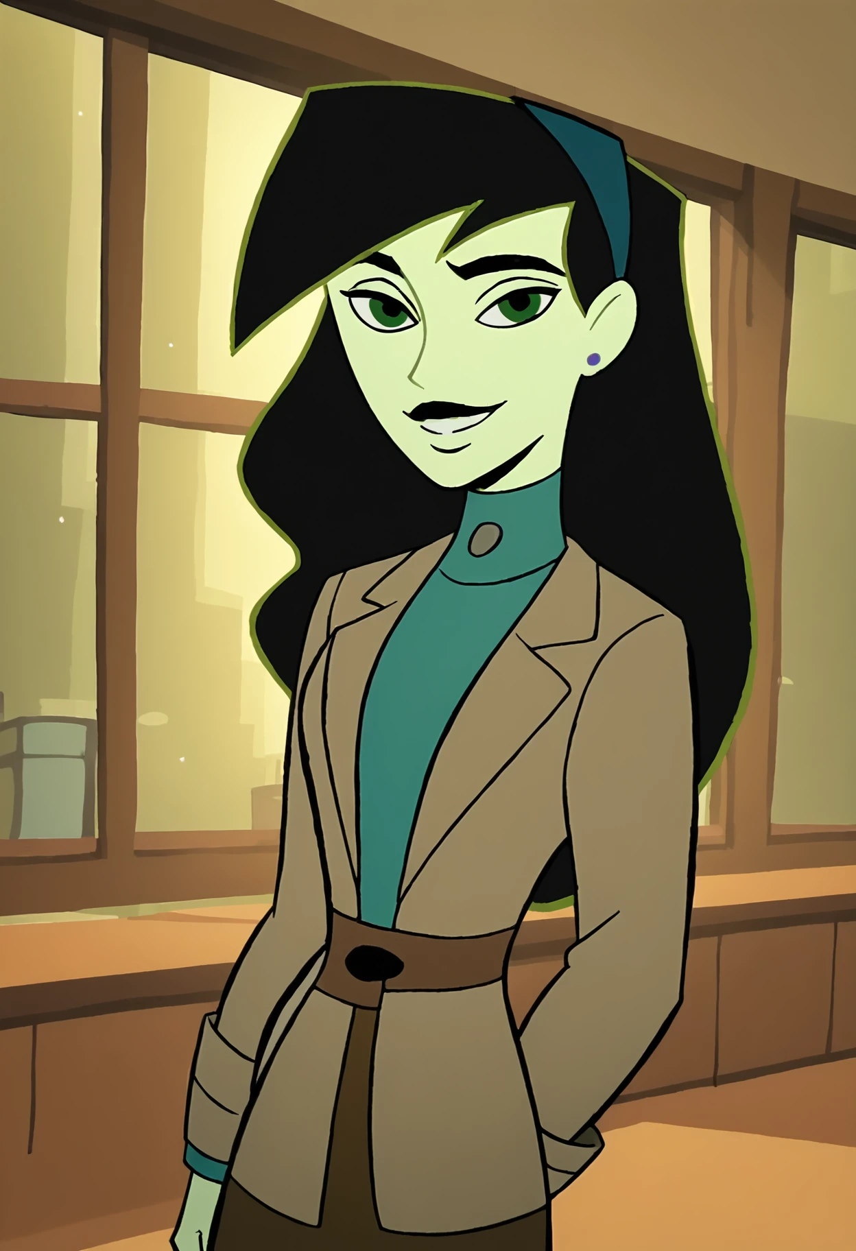<lora:ShegoPony1.0:1>Shego, 1girl, jacket, solo, black hair, turtleneck, hairband, long hair, earrings, pencil skirt, black lips,smile, score_9, score_8_up, score_7_up, score_6_up, score_5_up, score_4_up, looking at viewer,indoors,