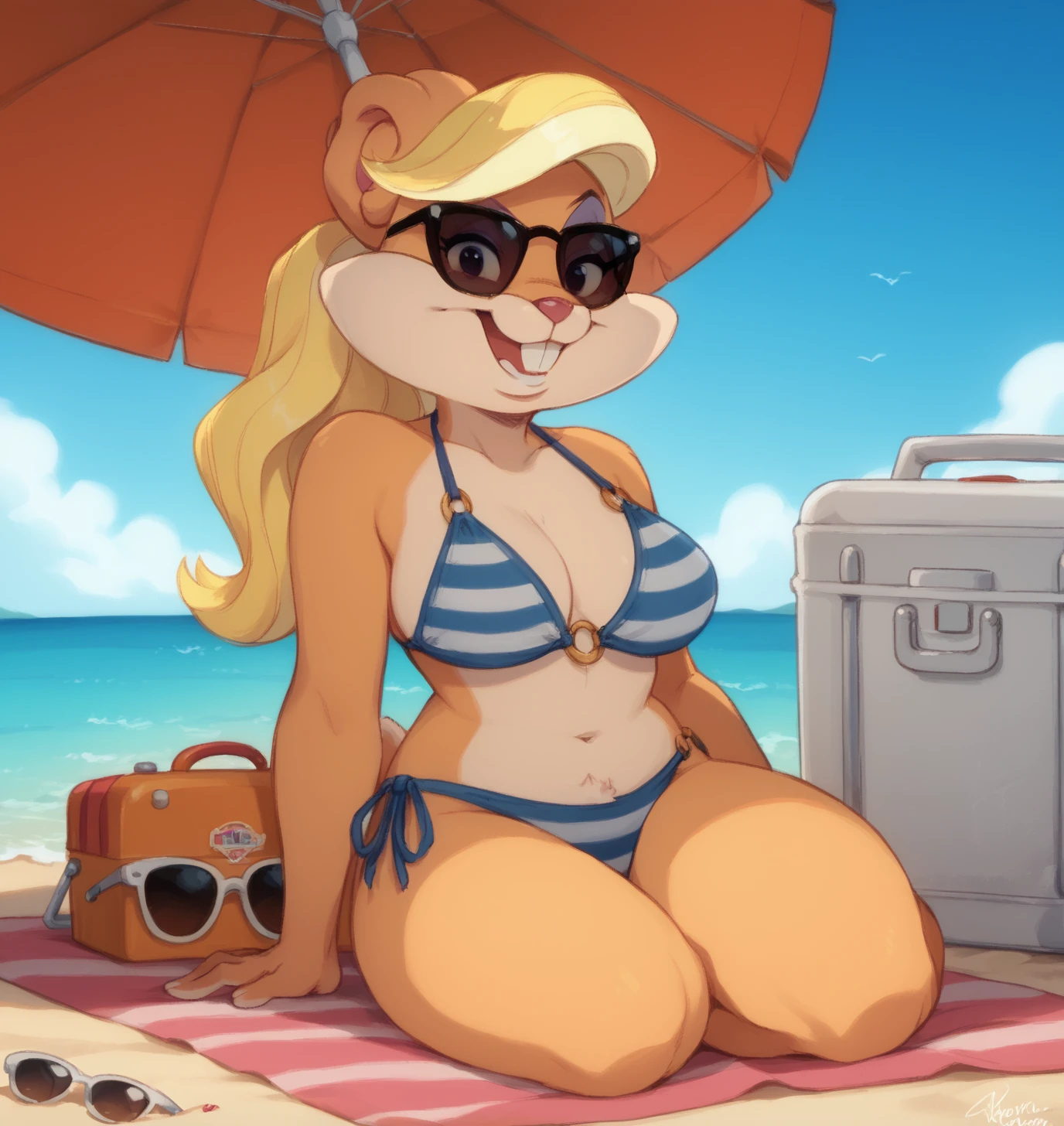 score_9, score_8_up, score_7_up, score_6_up, Detailed Background, BREAK
 <lora:Patricia_Bunny_Looney_Tunes_for_PonyXL:0.8>, patriciabunny, furry female, 1girl, blonde hair, smile, animal ears, jewelry, teeth, BREAK
beach, bikini, umbrella, cooler, sunglasses,