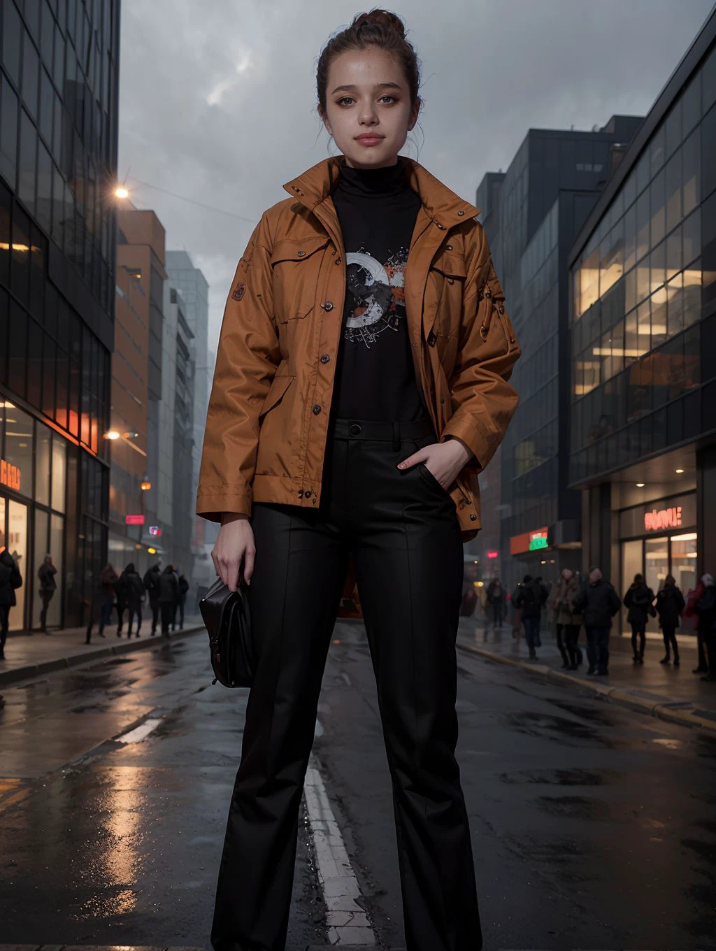 Shiloh8, 1girl, solo, smile, (looking at viewer:1.3), black turtleneck,  (orange jacket, red pants:1.3), outdoor, snow, Norway,
(intricate, pores, (highly detailed skin), digital painting, concept art, sharp focus, illustration, arts station,
detailed digital painting, cinematic, hype realistic, octane rendering,
hype realistic art, extremely high-resolution details, photographic, art bleak)