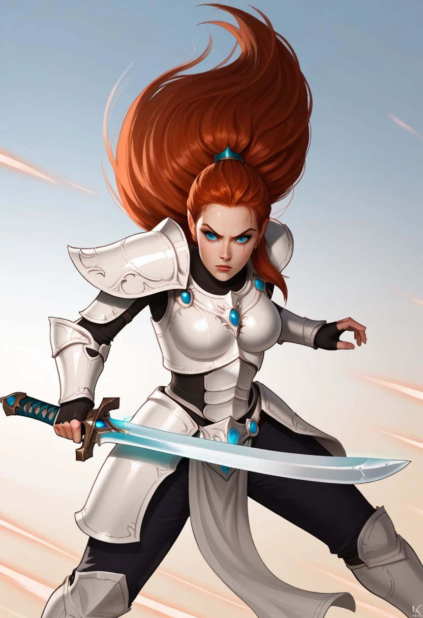 1girl, solol, eldar, redhead, white armor, dynamic pose, sword