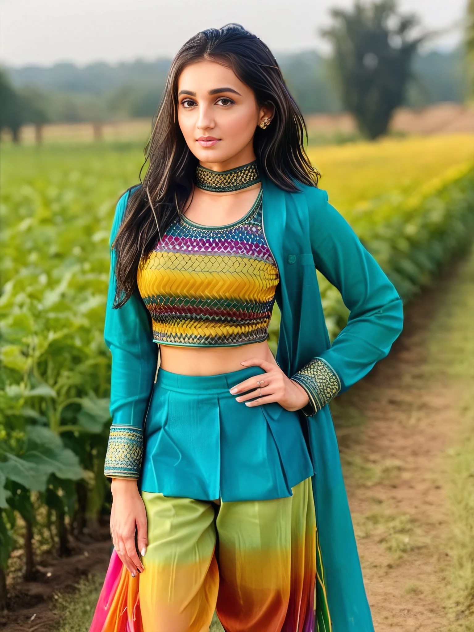 full body photo of a 30-year-old vedika pinto, colorful modest high neck Punjabi Suit, looking at camera,day time at Farm in bokeh  <lora:vdka_Vedika_Pinto_SDXL_LoRA_adafactor-step00002000:1>