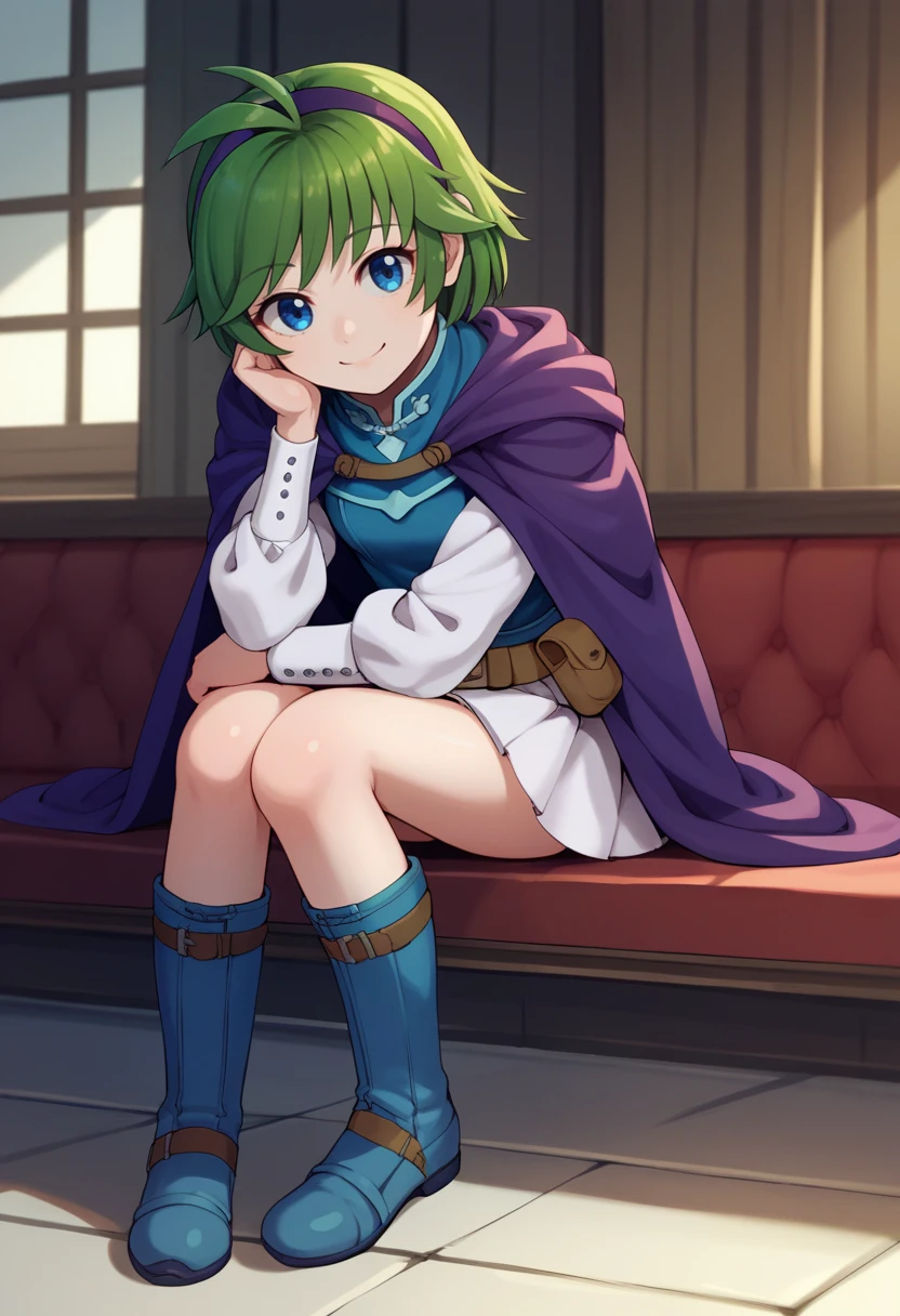 score_9, score_8_up, score_7_up, source_anime BREAK 1girl, solo, <lora:nino-fe-richy-v1_pdxl:0.8> ninodef, blue eyes, green hair, short hair, antenna hair, purple hairband, blue shirt, purple cloak, long sleeves, white sleeves, white skirt, brown belt, belt pouch, blue knee boots, sitting, indoors, smile, head tilt, knees up, full body, leaning forward