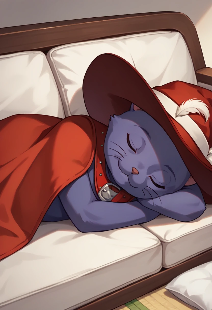 score_9, score_8_up, score_7_up, source_anime, no humans, cute, lying, curled up, sleeping cat, closed mouth, smile, head rest, zzz, <lora:CaitSithSMT-pdxl:1> caitsith, cat boy, closed eyes, red tricorne hat, hat feather, red cape, belt, indoors, couch, blanket, cushion
