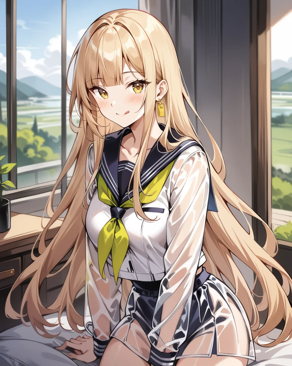 masterpiece,best quality,very aesthetic,absurdres,(cinematic:1.5),high detailed,landscape,depth of field,bedroom,looking at viewer,tongue out,smile,hoding condoms,
<lora:keluo_xl:0.6>,keluo,1girl,solo,long hair,yellow eyes,blonde hair,bangs,jewelry,earrings,very long hair,see-through,sailor,sailor skirt,sailor collar,