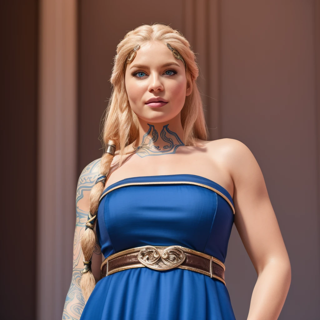 Best_QualityPos, RAW photo, intricate details, best quality, 8k uhd, soft lighting, 1girl, solo, gow_sif, blue eyes, braid, long hair, blonde hair, tattoo, shoulder tattoo, jewelry, toned, blue dress, brown waist belt <lora:gow_sif:0.6>