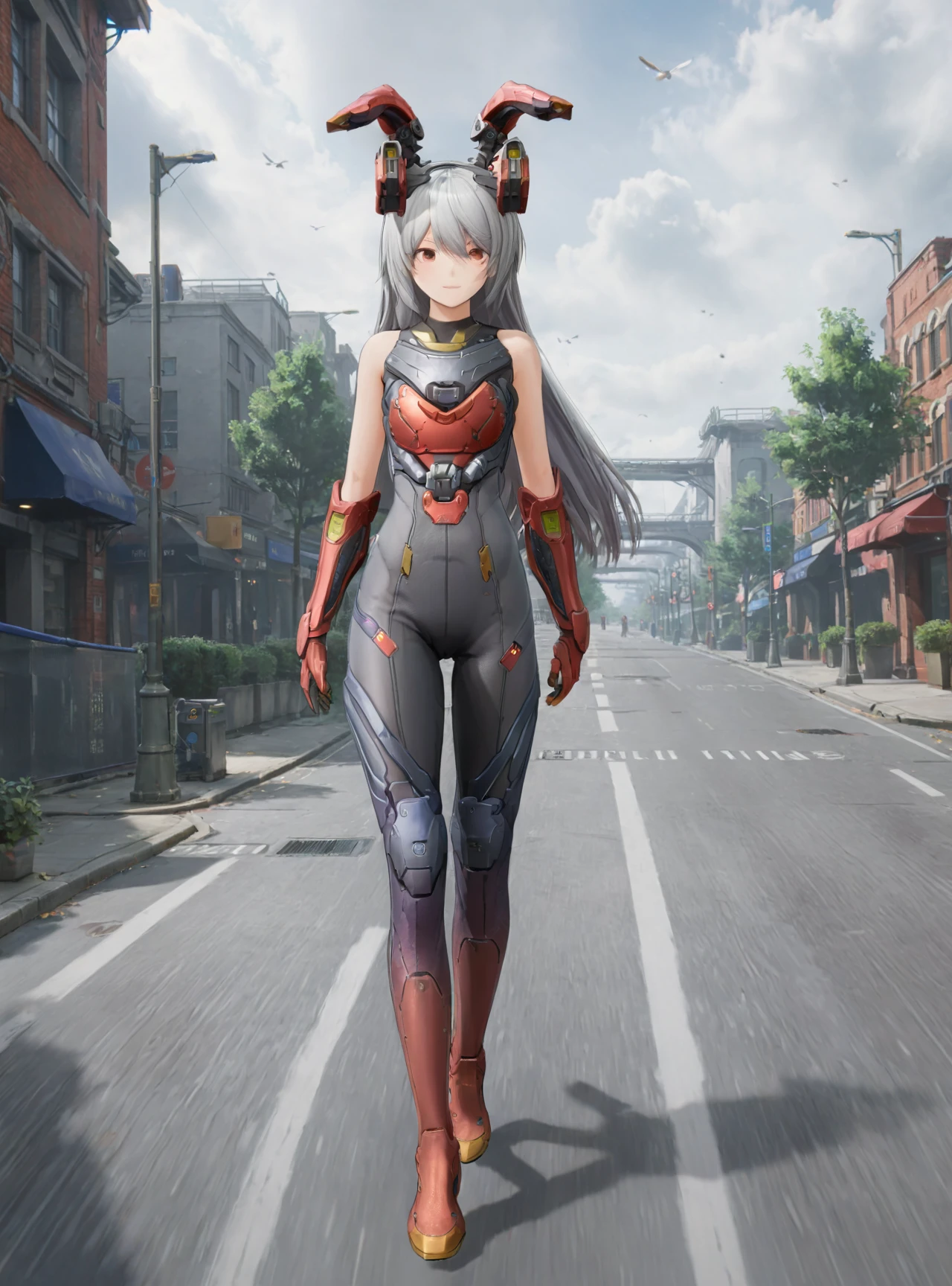 (1girl:1.2),(solo:1.2),realistic,masterpiece,best quality,highly detailed,illustration,highres,extremely detailed wallpaper,third-party edit,bodysuit,grey hair,perfect hands,joyful expression,mechanical rabbit ears,walking on future street,full body,<lora:keluoliteLoraXL:0.65>,