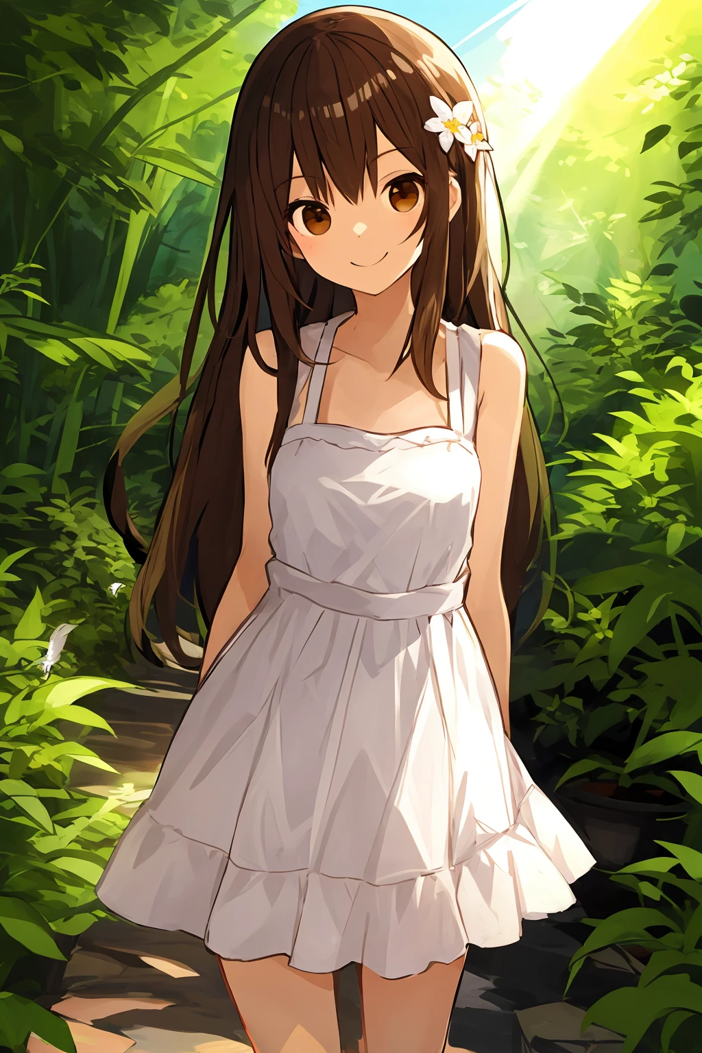 1girl, dress, long hair, bird, white dress, brown hair, solo, outdoors, brown eyes, sleeveless, looking at viewer, arms behind back, sleeveless dress, bangs, standing, plant, sundress, smile, flower, closed mouth, sunlight, bare shoulders,<lora:æç«é³æµª-000030:0.6>,