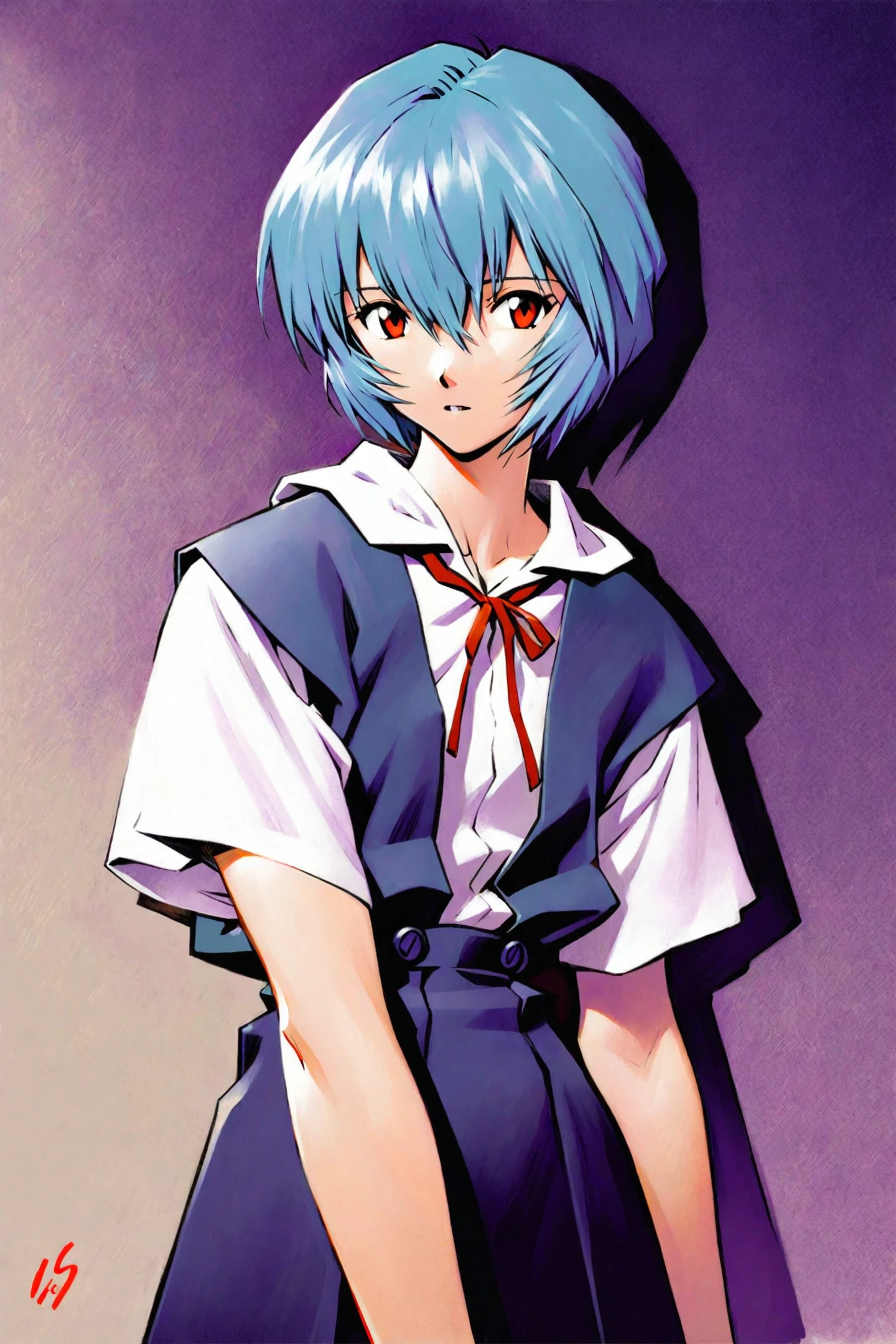 Sadamoto Yoshiyuki Style,1girl,ayanami rei,solo,red eyes,short hair,school uniform,blue hair,tokyo-3 middle school uniform,signature,short sleeves,hair between eyes,suspender skirt,purple background,bangs,purple theme,shirt,cowboy shot,looking to the side,skirt,white shirt,looking at viewer,parted lips,suspenders,traditional media,
<lora:super lora_flyx3_XL:0.8>,