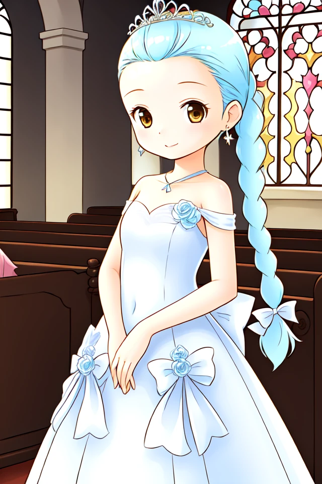 1 girl, indoors, church, standing, smile,
 <lora:Harvest_Moon_Hero_of_Leaf_Valley_-_Gina:0.6> holvgina, light blue hair, long hair, twintails, braid, hair bow, forehead, brown eyes,
tiara, wedding dress, sleevesless dress, bare shoulders, forehead, earrings,