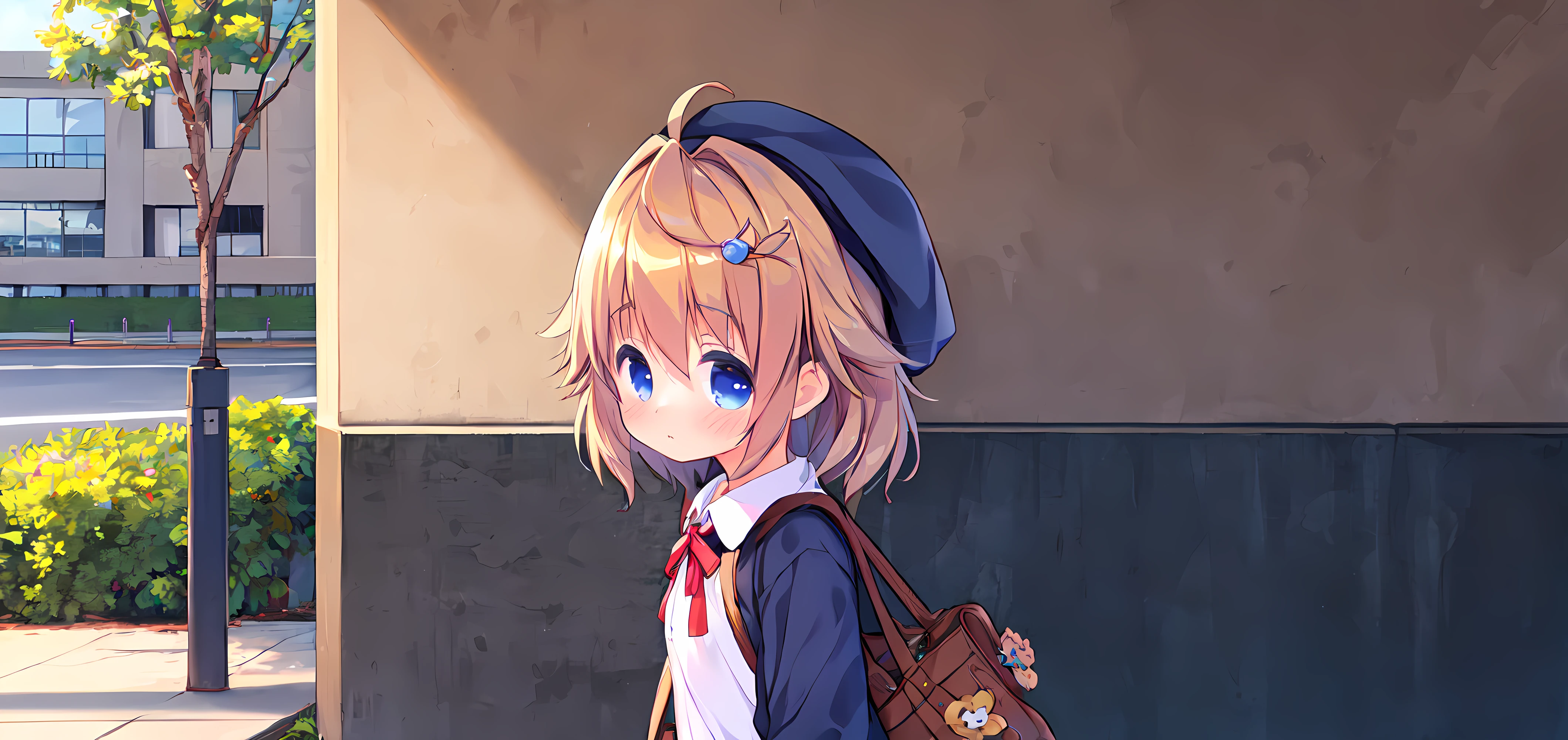 qiandaolizi,1girl,solo,kawaii,
student uniform,bag,beret,
in the outdoor,face_focus,front view,looking_at_viewer,
blush,shy,embarrass,<lora:qiandaolizi_v2.0-000014:0.7>,, (masterpiece, best quality,:1.2)
