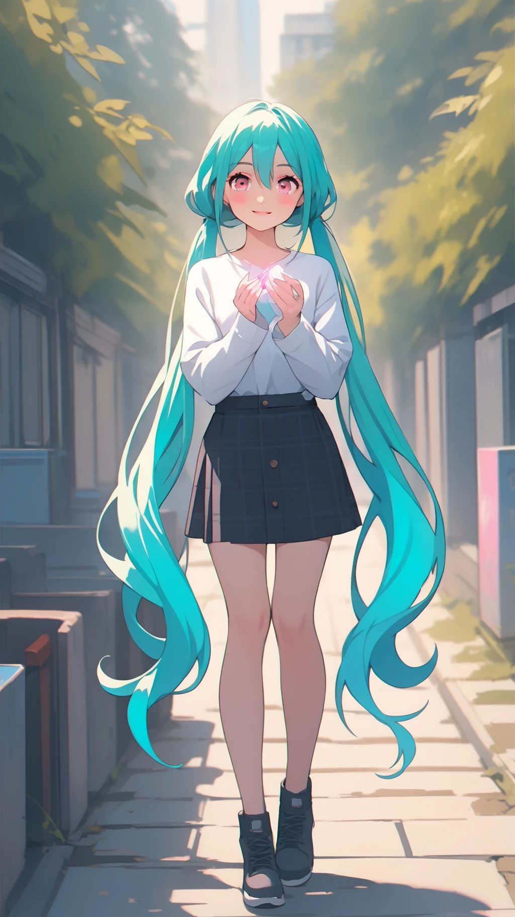 ,dongman,1girl,solo,long hair,twintails,holding,shirt,very long hair,white shirt,skirt,outdoors,looking at viewer,pink eyes,smile,aqua hair,long sleeves,skirt,hair between eyes,((Exquisite hands)),full body,<lora:zonghe129:0.75>