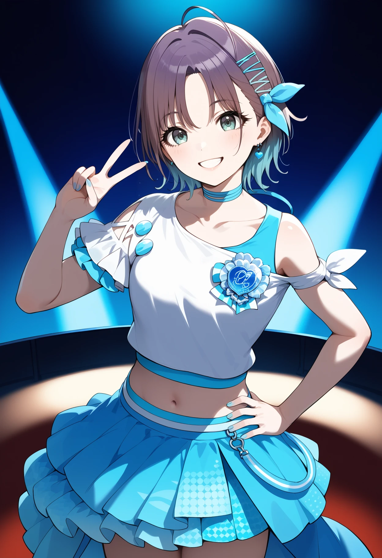 score_9, score_8_up, score_7_up, score_6_up, score_5_up, score_4_up, source_anime, bbtoru, short hair, gradient hair, ahoge, hair ornament, hair ribbon, blue choker, collarbone, idol clothes, white shirt, shoulder cutout, short sleeves, midriff, blue skirt, <lora:asakura_toru_ponyxl_v1:0.9>, hand on hip, stage, standing, smile, peace sign