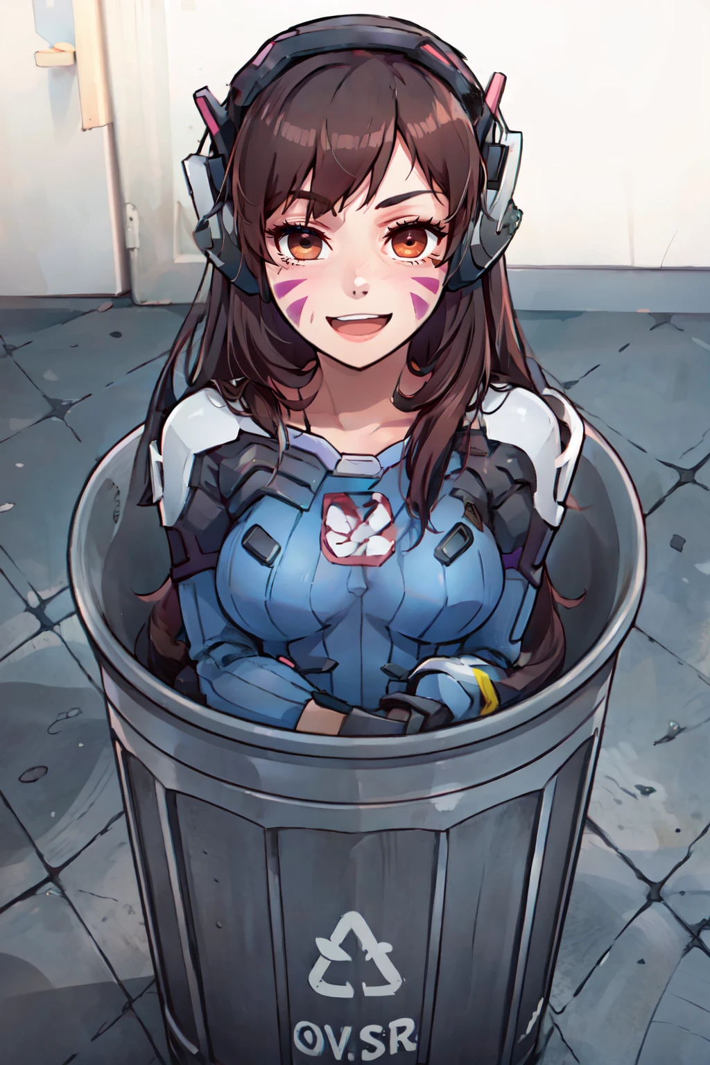 ((masterpiece,best quality)), anime style, <lora:Trash_Waifu:0.8>, Trash Waifu, 1girl, aahana, long hair, brown hair, headphones, whisker markings, shoulder pads, blue bodysuit, ribbed bodysuit, animal print, clothes writing, long sleeves, white gloves, <lora:d.va_v1:0.8> (red text, the word trash:1),