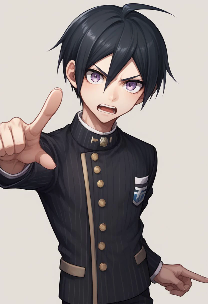 score_9, score_8_up, source_anime, highly detailed, 1boy, solo, skinny,
shuichi, 1boy, male focus, solo, striped, black hair, upper body, short hair, pants, pinstripe pattern, gakuran, school uniform, one arm rised, pointing, open mouth, determined,
indoor,