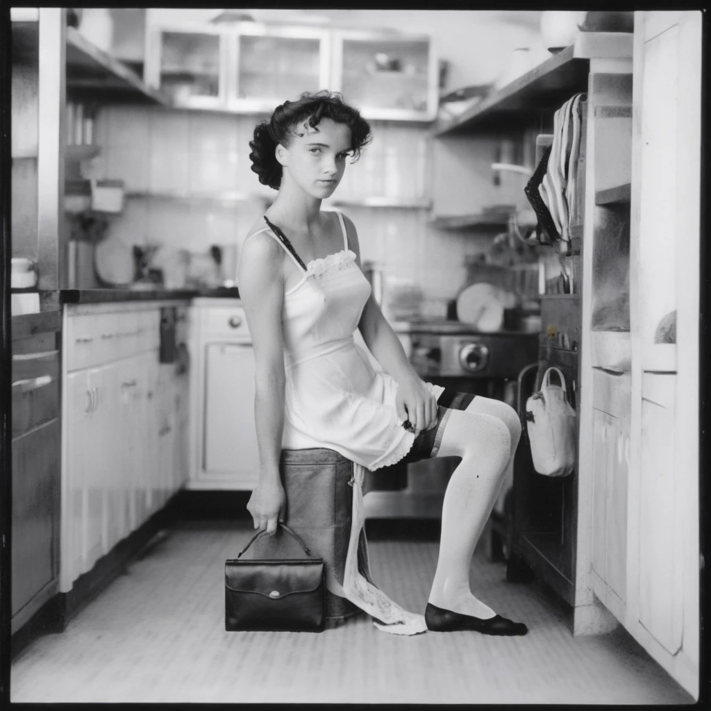 The image shows a woman standing in what appears to be a kitchen or cooking area. She is wearing a light-colored, seamed stockings and holding a purse. The scene has an urban, The image is a black and white portrait photograph. It shows a young woman with long, The image is a black and white photograph of a young woman sitting on what appears to be a beach or sandy area. She is wearing a light-colored summer dress. Her hair is styled in a curly or wavy fashion typical of styles from several decades ago. The photograph captures her in a pensive or contemplative pose