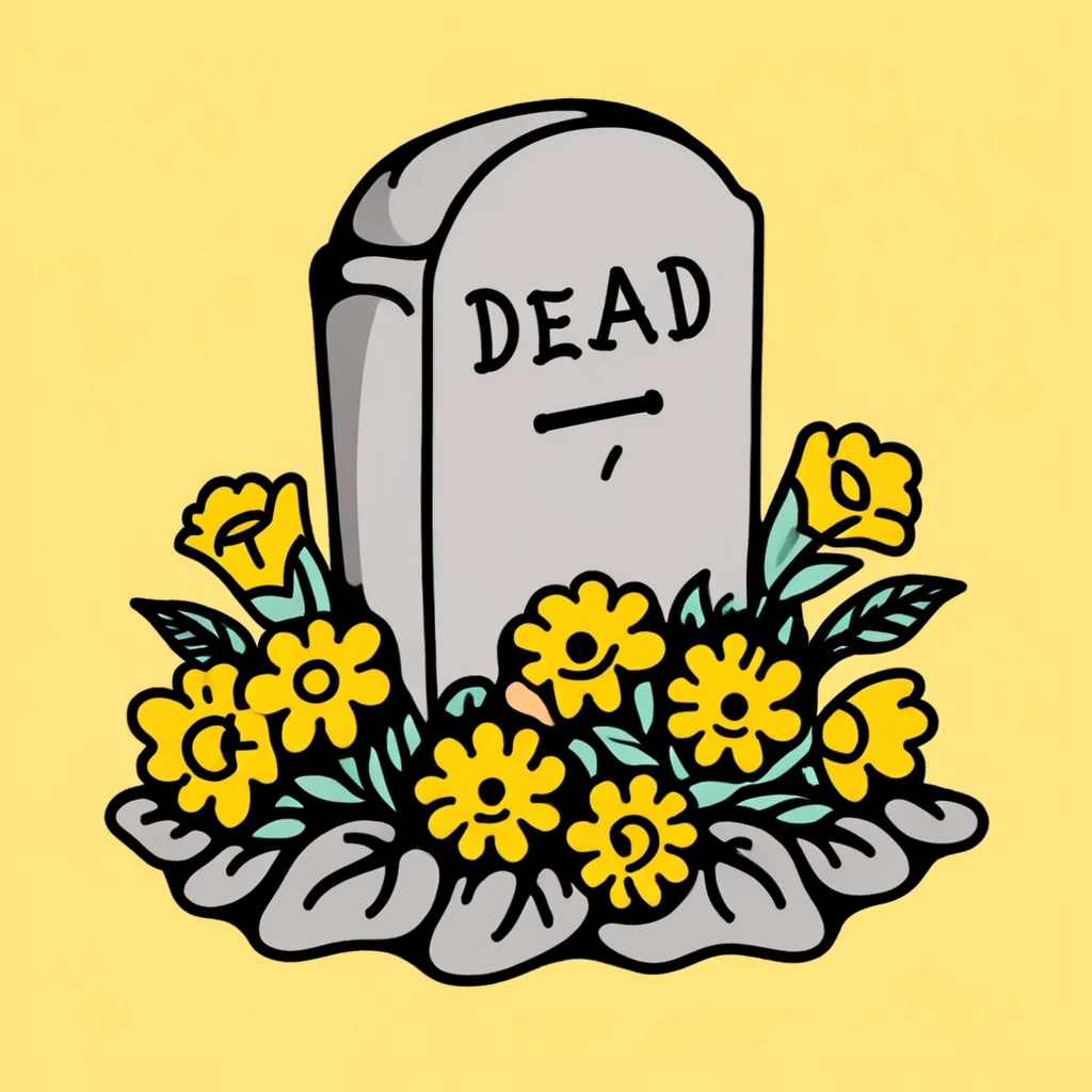 tcc_simple_illustration, simple drawing of a gravestone surrounded by dead wilting flowers, yellow background
<lora:Simple_Bold_Illustration:1.1>