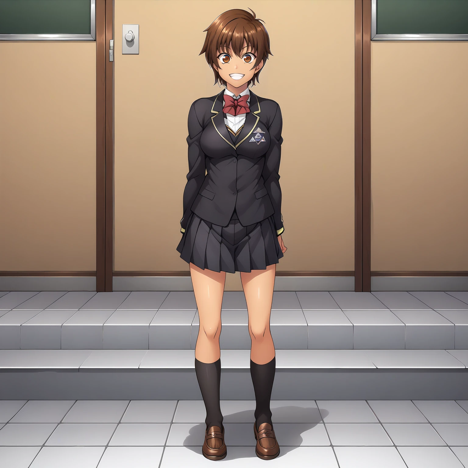 <lora:NagisaFujimaXLpony001>,
grin,
solo,
NagisaFujima,1girl,brown hair,short hair,brown eyes,tan,
school_uniform,black blazer,red bowtie,
pleated_skirt,black skirt,
black socks,
full body,standing,