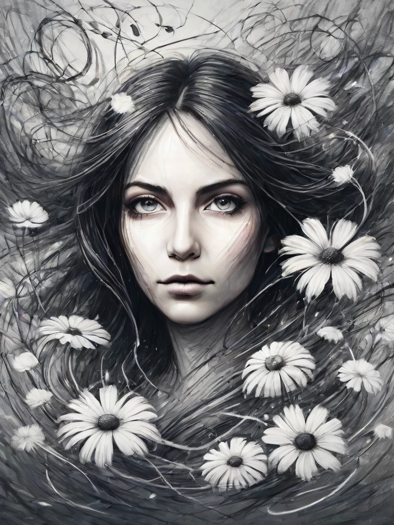 surreal and ethereal portrait of a woman's face, where her features are partially obscured by flowers, womans lips and eyes are visible, but the rest of her face is enveloped by the swirling floral elements, the flowers create a dreamy, otherworldly atmosphere, with a color palette dominated by soft pastels. The muted background contrasts with the sharp, energetic flowers