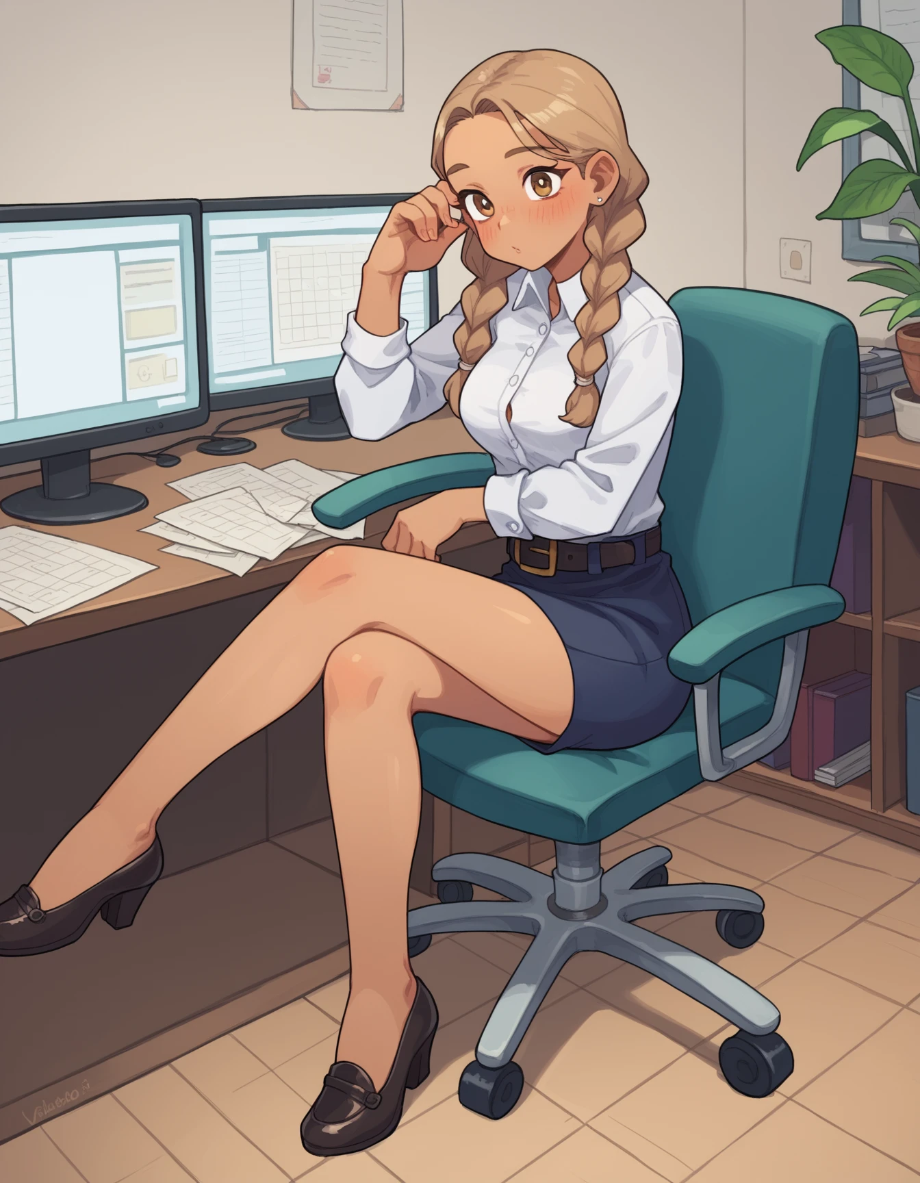 zPDXL, score_9, score_8_up, score_7_up, source_anime,
1girl, solo, (vivacious office secretary) young woman, spanish, tan skin, light brown eyes, slim build, extra long hazel double braids hair, wearing a crisp white tailored blazer over a silk blouse, tailored trousers, low-heeled loafers, classic leather belt, light blush,lightly defined eyebrows, set in Training Room, Educational setting with flip charts, training manuals, projector screens, stackable chairs, a podium, at night, <lora:PossumMachine_v2:0.8> possmach