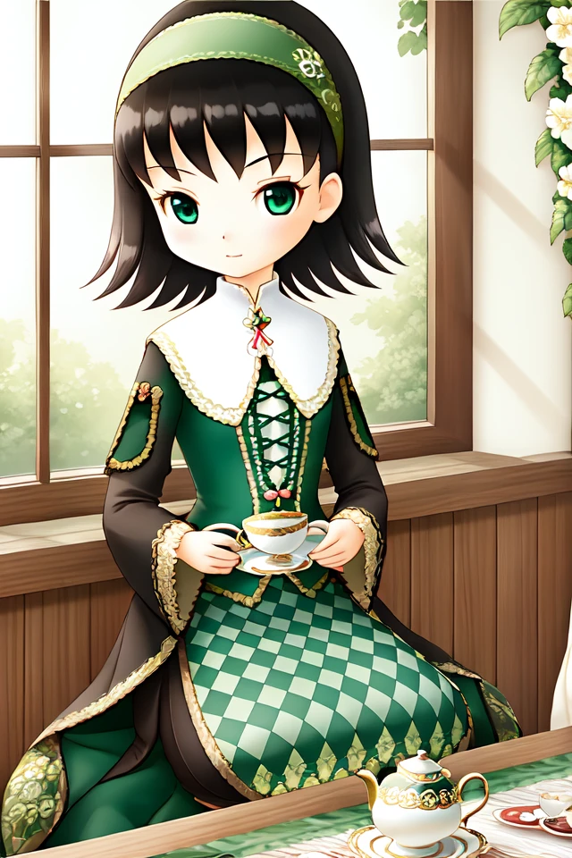 1 girl, indoors, sitting, sitting at table, tea, teacups,
 <lora:Harvest_Moon_Hero_of_Leaf_Valley_-_Dia:0.6> holvdia, black hair, short hair, green hairband, green eyes,
dress, long sleeves, green dress,