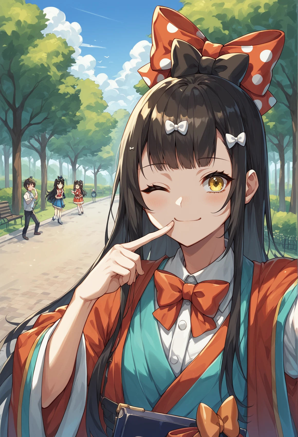 1girl, black hair, long hair, yellow eyes, hair bow, polka dot bow, red bow, hair ornament, layered kimono, selfie, wink, outdoors, finger to mouth, park <lora:Nagiko:1>, score_9, score_8_up, score_7_up, score_6_up, score_5_up, score_4_up, BREAK source_anime, masterpiece