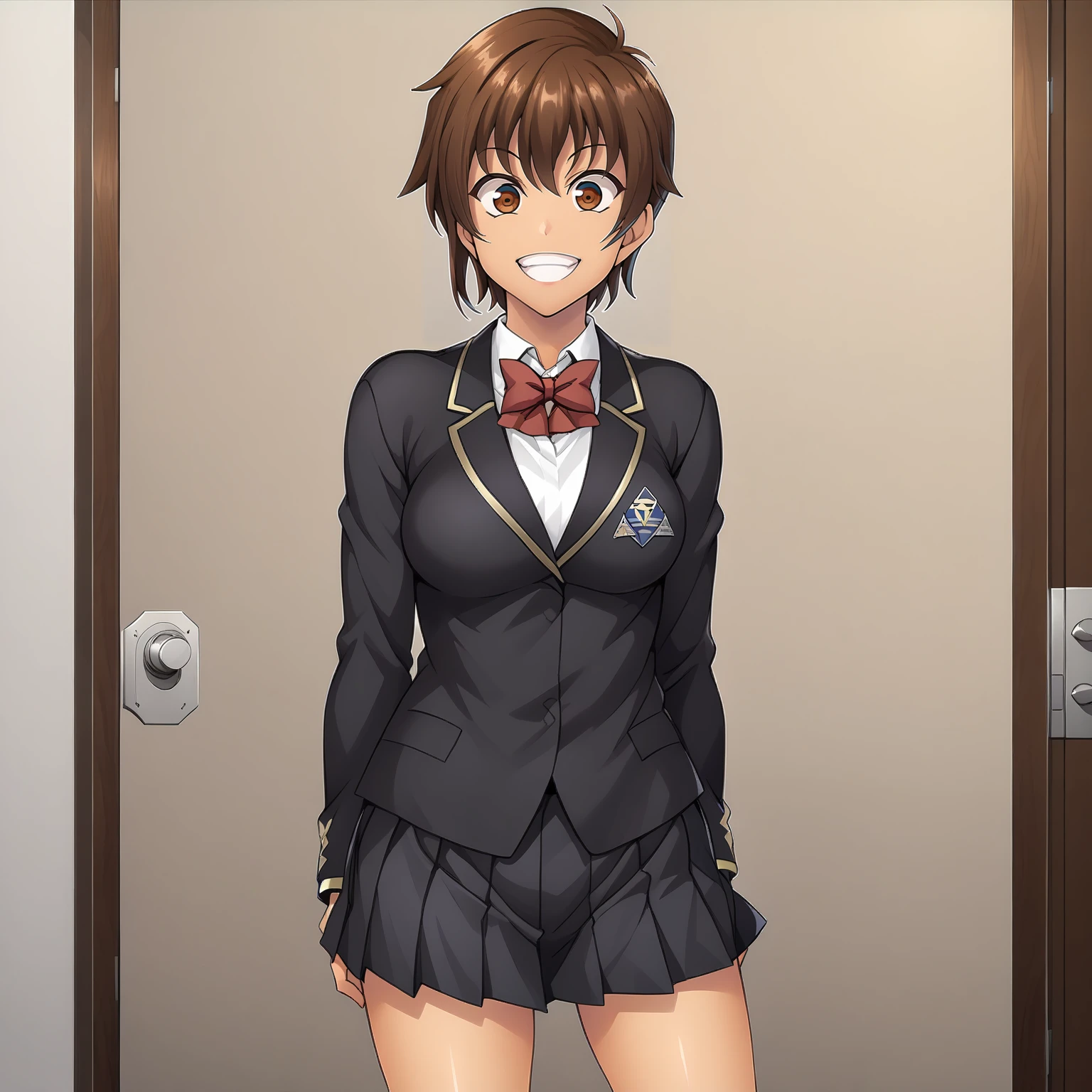 <lora:NagisaFujimaXLpony001>,
grin,
solo,
NagisaFujima,1girl,brown hair,short hair,brown eyes,tan,
school_uniform,black blazer,red bowtie,
pleated_skirt,black skirt,
black socks,