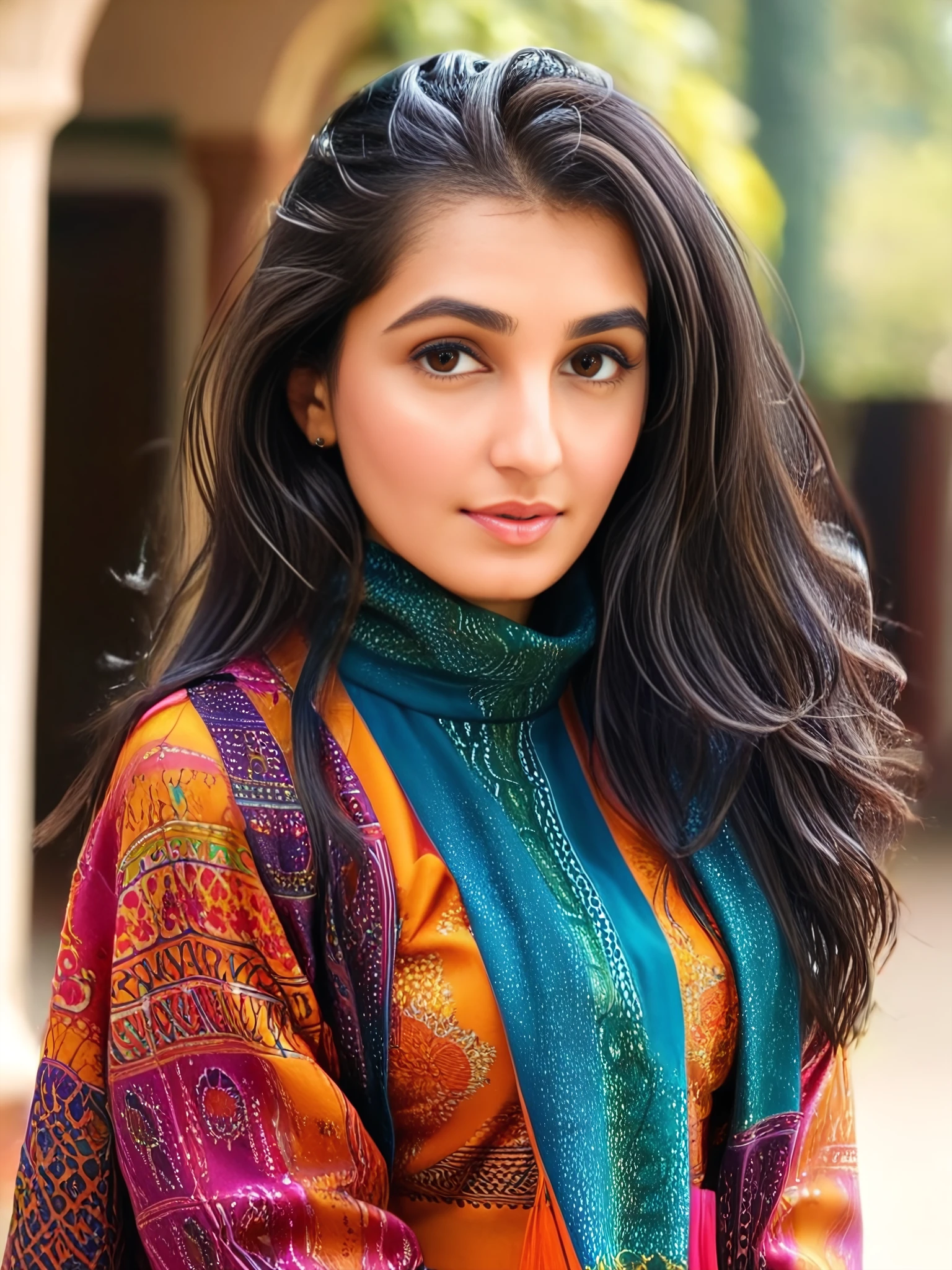 portrait photo of a 30-year-old vedika pinto woman, colorful modest high neck Kashmiri Pashmina Suit, looking at camera,day time at School in bokeh  <lora:vdka_Vedika_Pinto_SDXL_LoRA_adafactor-step00002000:1>