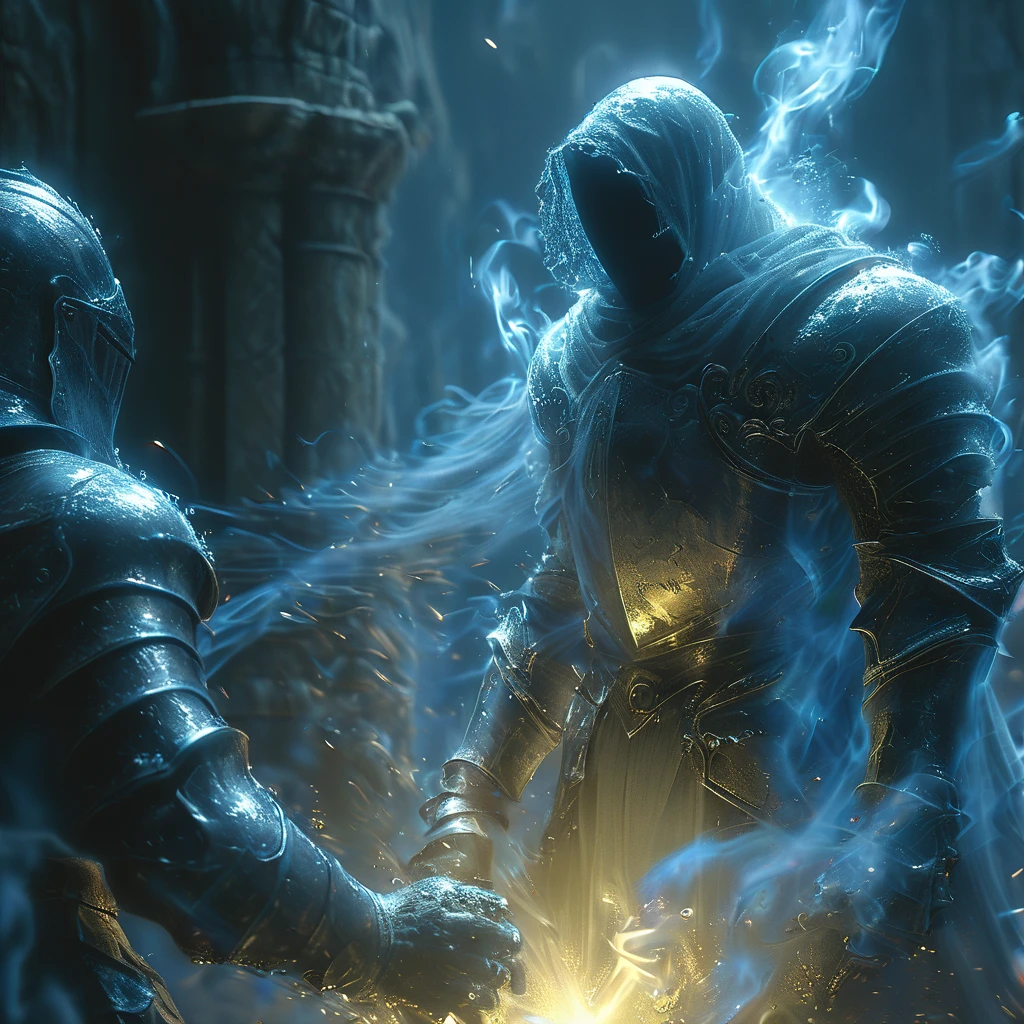 an cinematic shot of a soul knight, soul particals around the knight, fantasy tavern in background, night, HD, masterpiece, best quality, hyper detailed, ultra detailed, super realistic