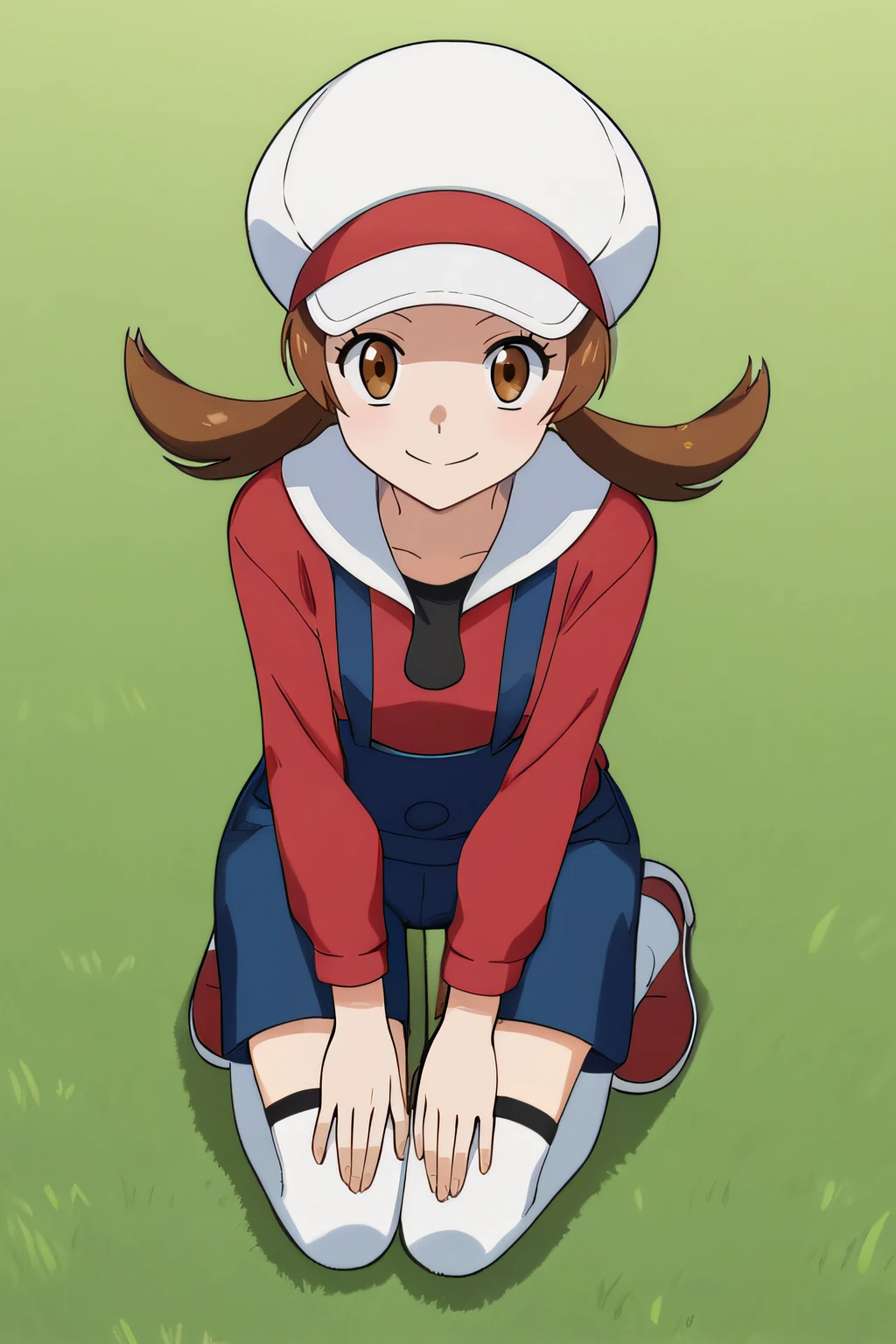 score_9, score_8_up, score_7_up, source_anime, rating_safe, intricate details, anime screencap, official style, <lora:Lyra:1>, lyra, brown eyes, red shirt, long sleeves, white headwear, blue overalls, looking at viewer, outdoor, smile, full body, kneeling, white thighighs, red shoes, from above, sitting on grass