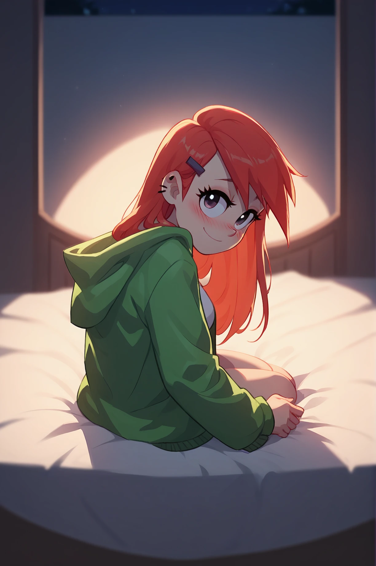score_9,score_8_up,score_7_up, FrankieFoster, solo, long hair, open hair, full body, sitting on end of bed, looking at viewer, shy smile, depth of field, blushing, beautiful, green jacket, green hoodie, head tilt, night, dimly lit, romantic,<lora:FrankieFoster-09:1>