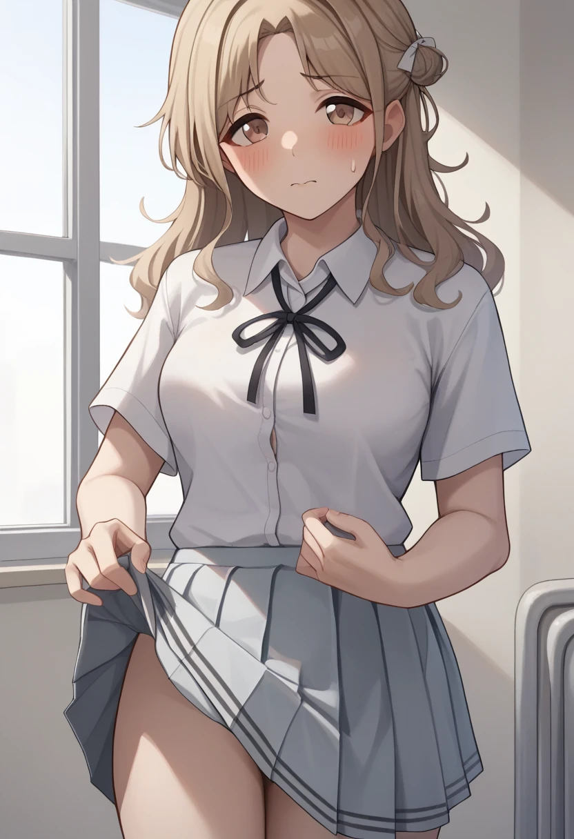 score_9,score_8_up,score_7_up,<lora:ichikawa_hinana_pony:1>,pleated_skirt, skirt_rolled_up, shirt_tucked_in, skirt_lift, bad_pixiv_id, school_uniform, bad_id, cowboy_shot, lifting_own_clothes, :o, blush, sweatdrop, grey_skirt, highres, shirt, looking_at_viewer, white_shirt, skirt_hold, skirt, ichikawa_hinana, short_sleeves, solo, 1girl, clothes_lift