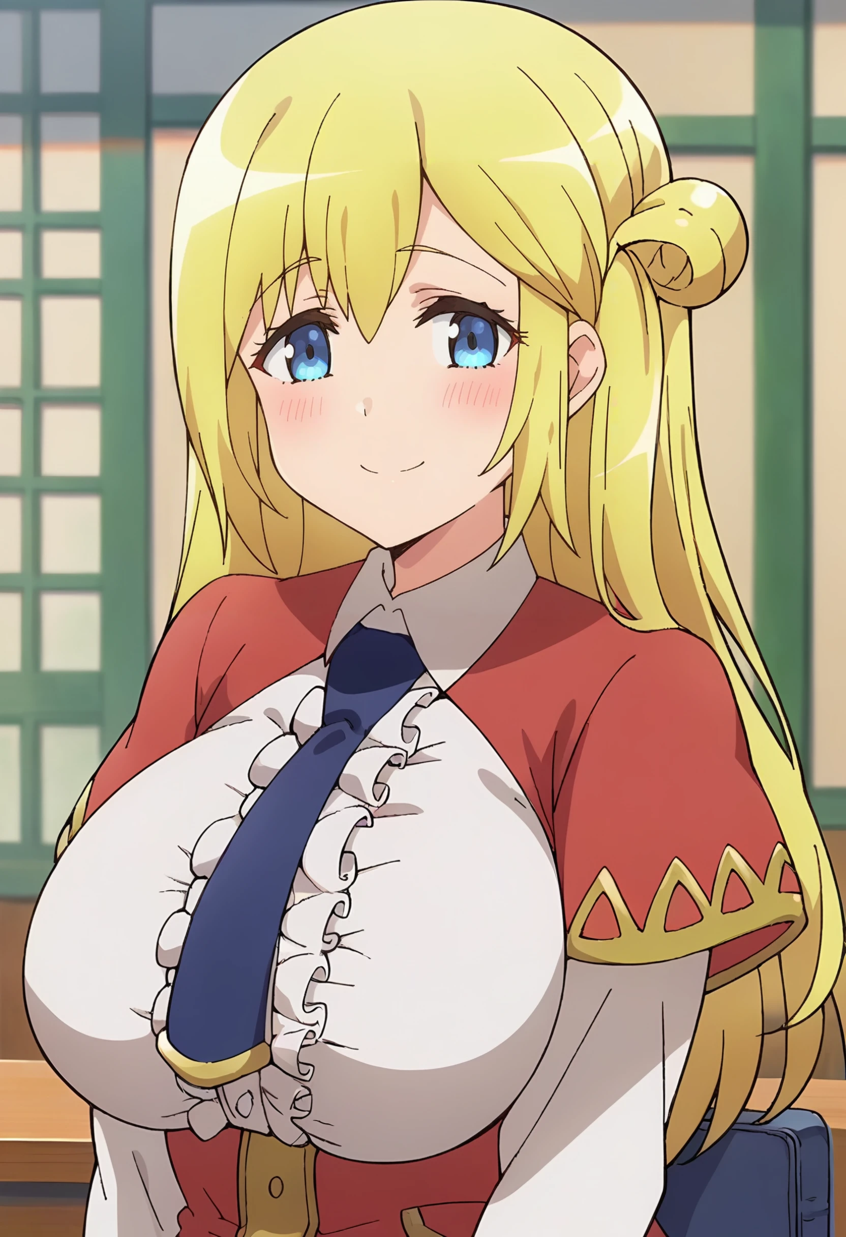 <lora:Enome_1:0.9> Enome, 1girl, blonde hair, solo, breasts, smile, large breasts, long hair,  hair bun ,         school uniform, blush, blue necktie, red capelet, portrait, looking at viewer, score_9, score_7_up,anime coloring ,source_anime, anime